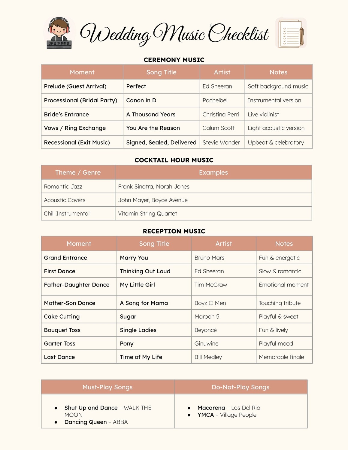 Free Wedding Music Checklist Google Docs Template