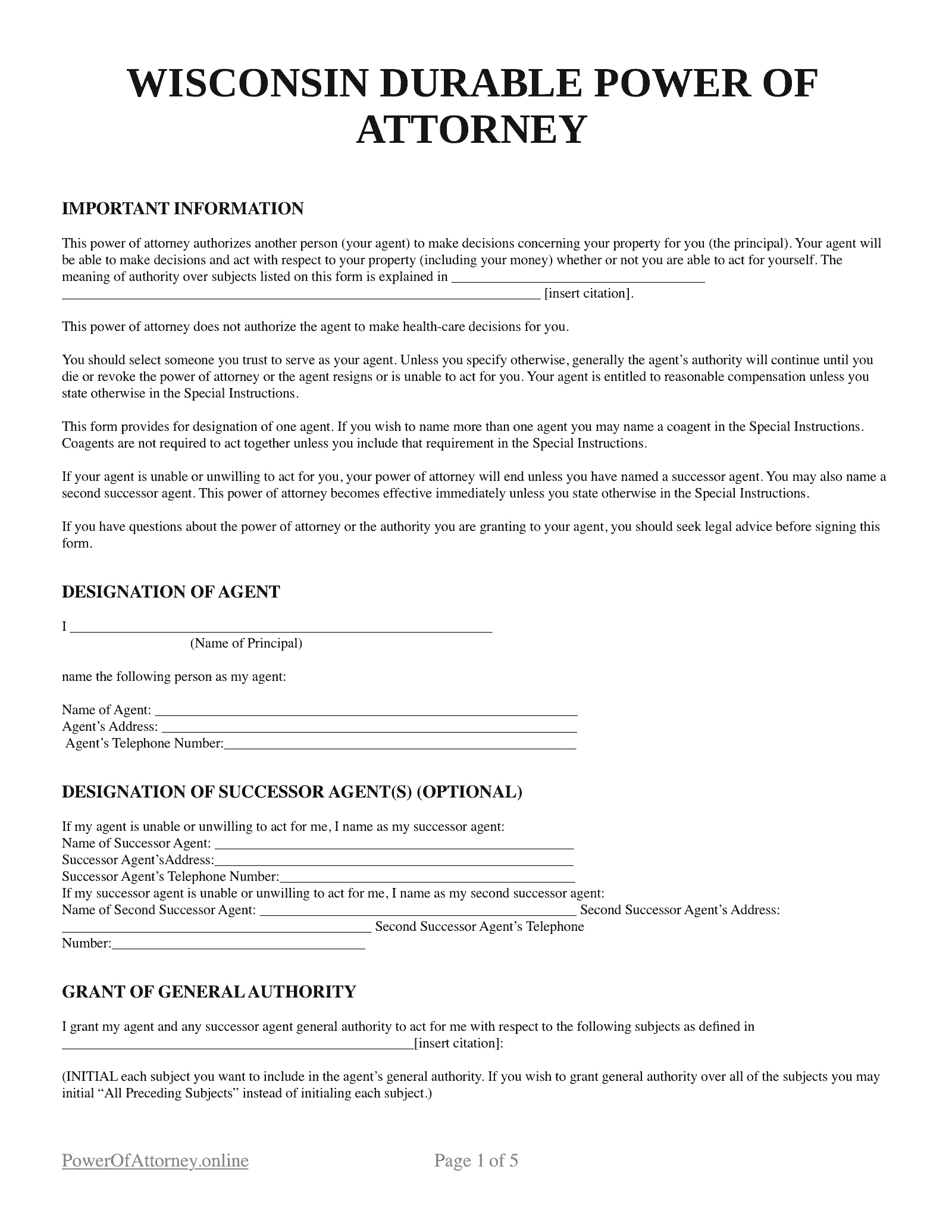 Free Wisconsin WI Durable Power Of Attorney Forms U0026 Templates PDF
