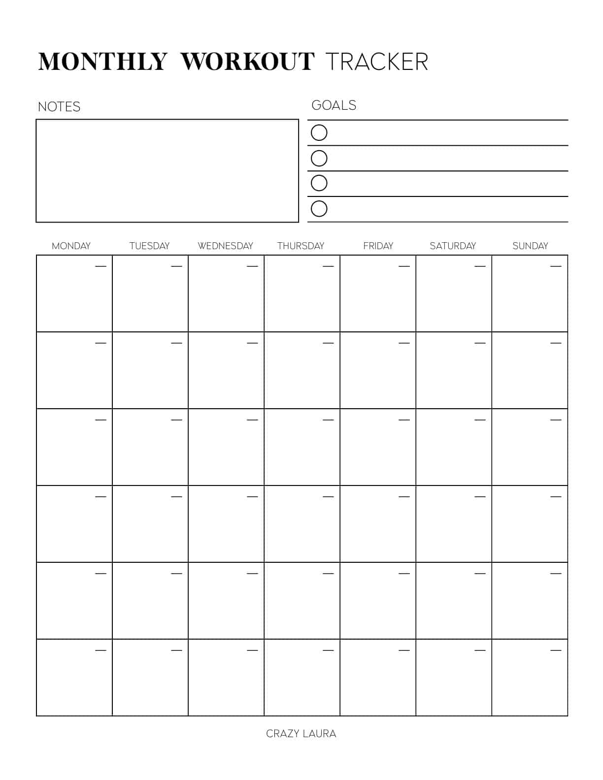 Free Workout Tracker Printable Weekly U0026 Monthly Versions Crazy Laura