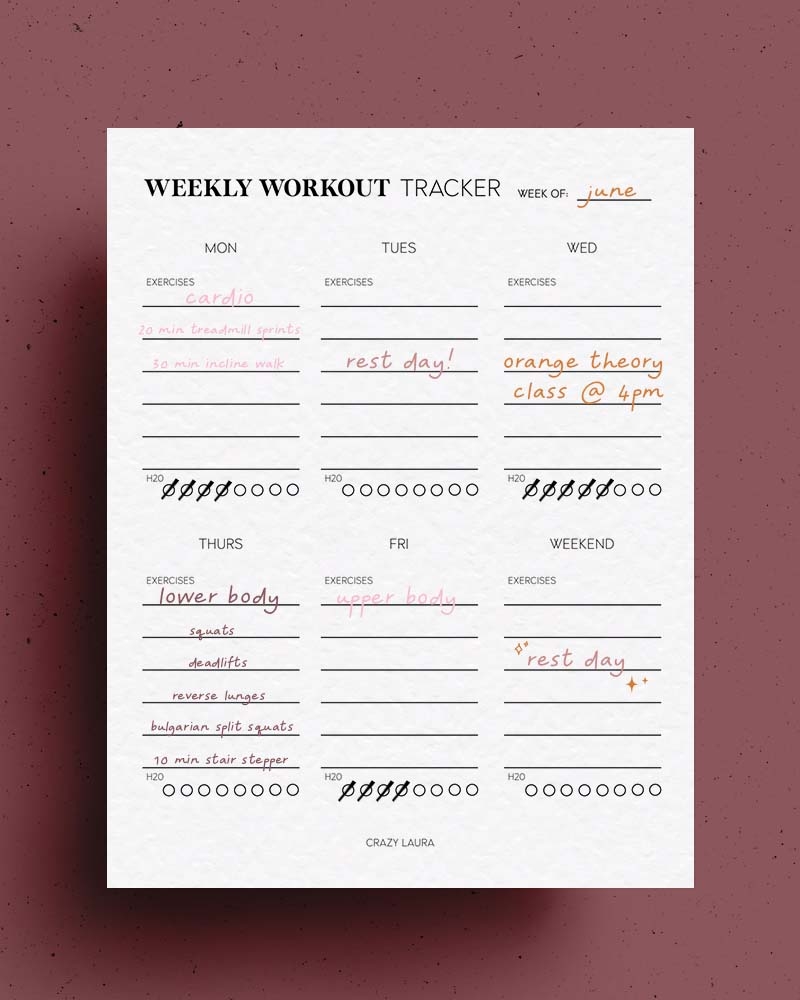 Free Workout Tracker Printable Weekly U0026 Monthly Versions Crazy Laura