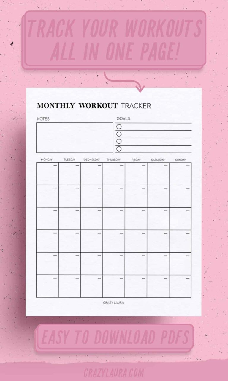 Free Workout Tracker Printable Weekly U0026 Monthly Versions Crazy Laura