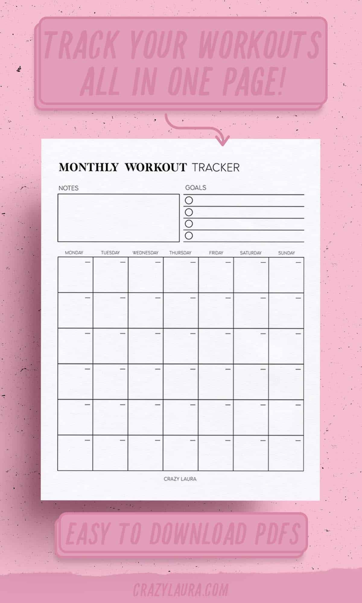 Free Workout Tracker Printable Weekly U0026 Monthly Versions Crazy Laura