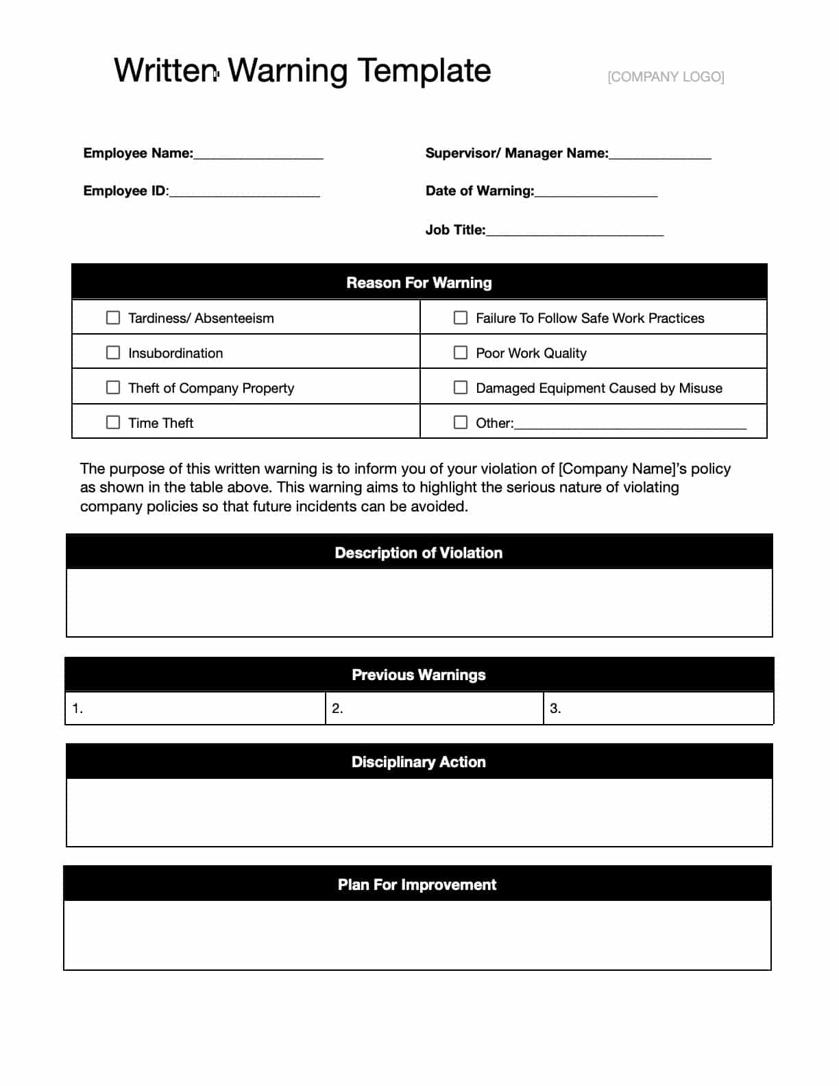 free printable verbal warning form