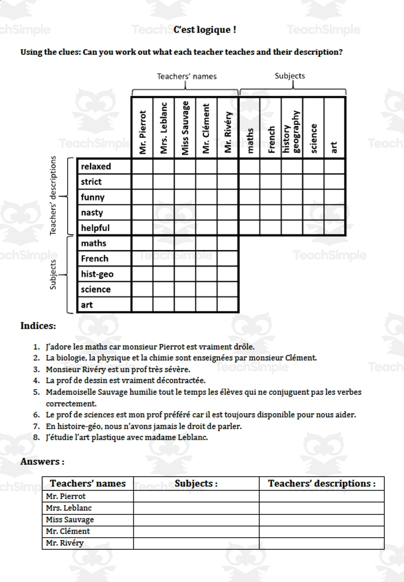 French Logic Puzzle Teachers By Teach Simple