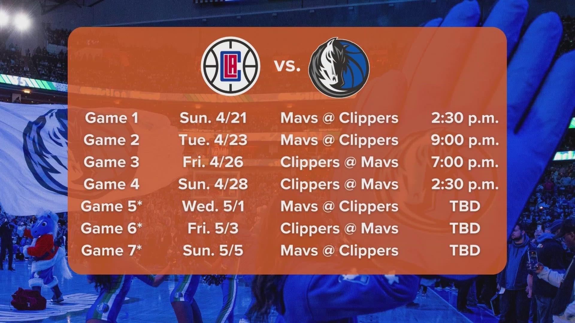 Full Schedule Dallas Mavericks Vs Los Angeles Clippers Round 1 Of The Playoffs