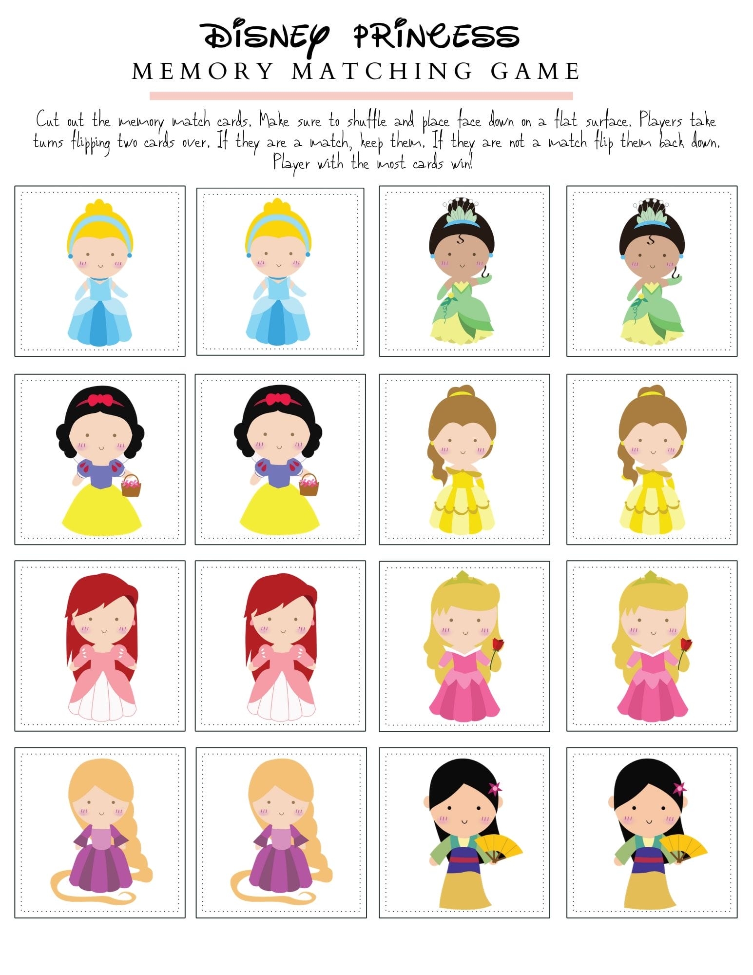 Fun Disney Princess Memory Match Game Free Printable  Fun Disney Princess Memory Match Game Free Printable