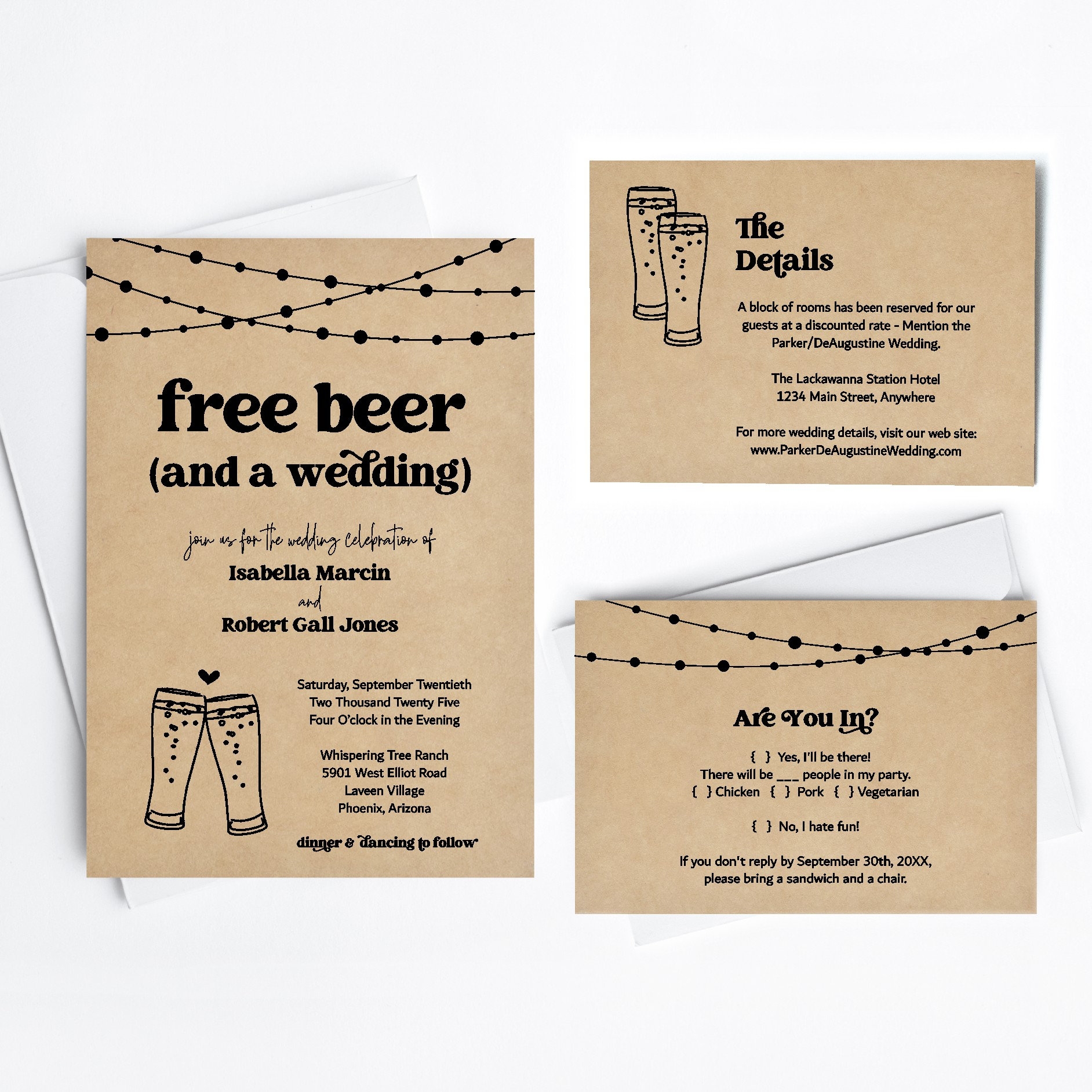 Funny Wedding Invitation Template Free Beer Fun Brewery Printable Set Rustic Kraft Paper Instant Download PDF Suite Lights Etsy