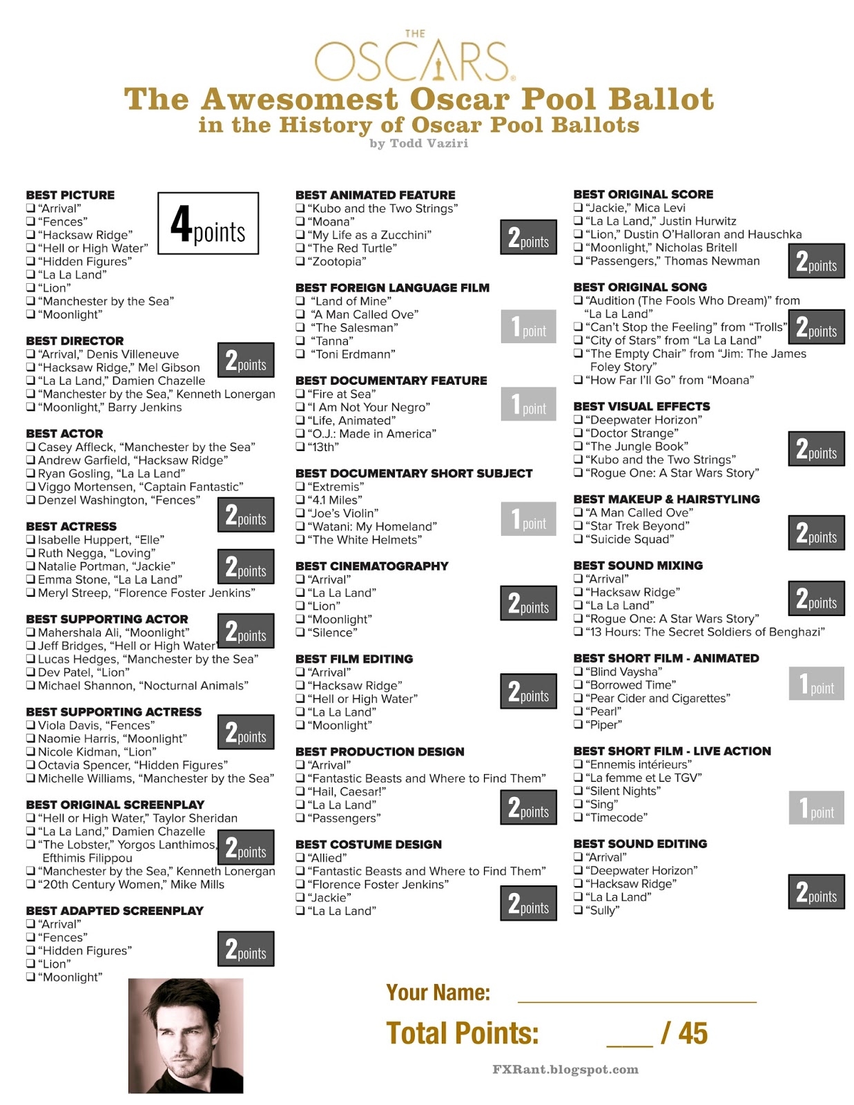 oscar ballot 2019 printable