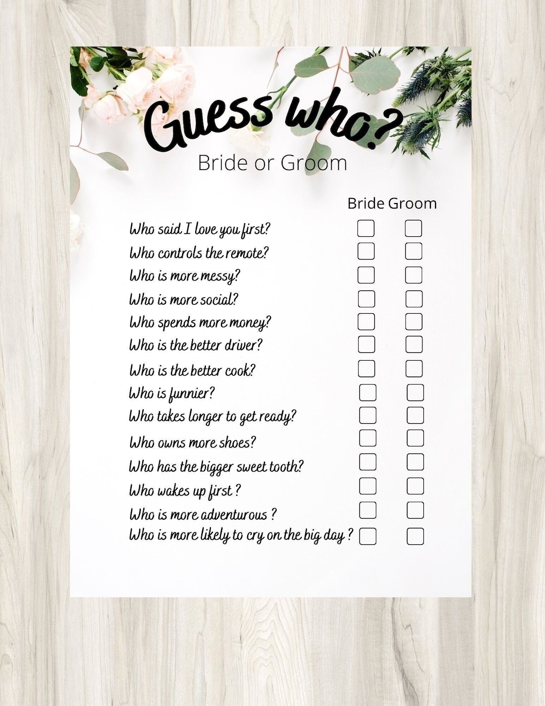 Games 50 Guests Guess Who Bride Or Groom Printable Custom Design Bridal Game For Guests Bridal Shower