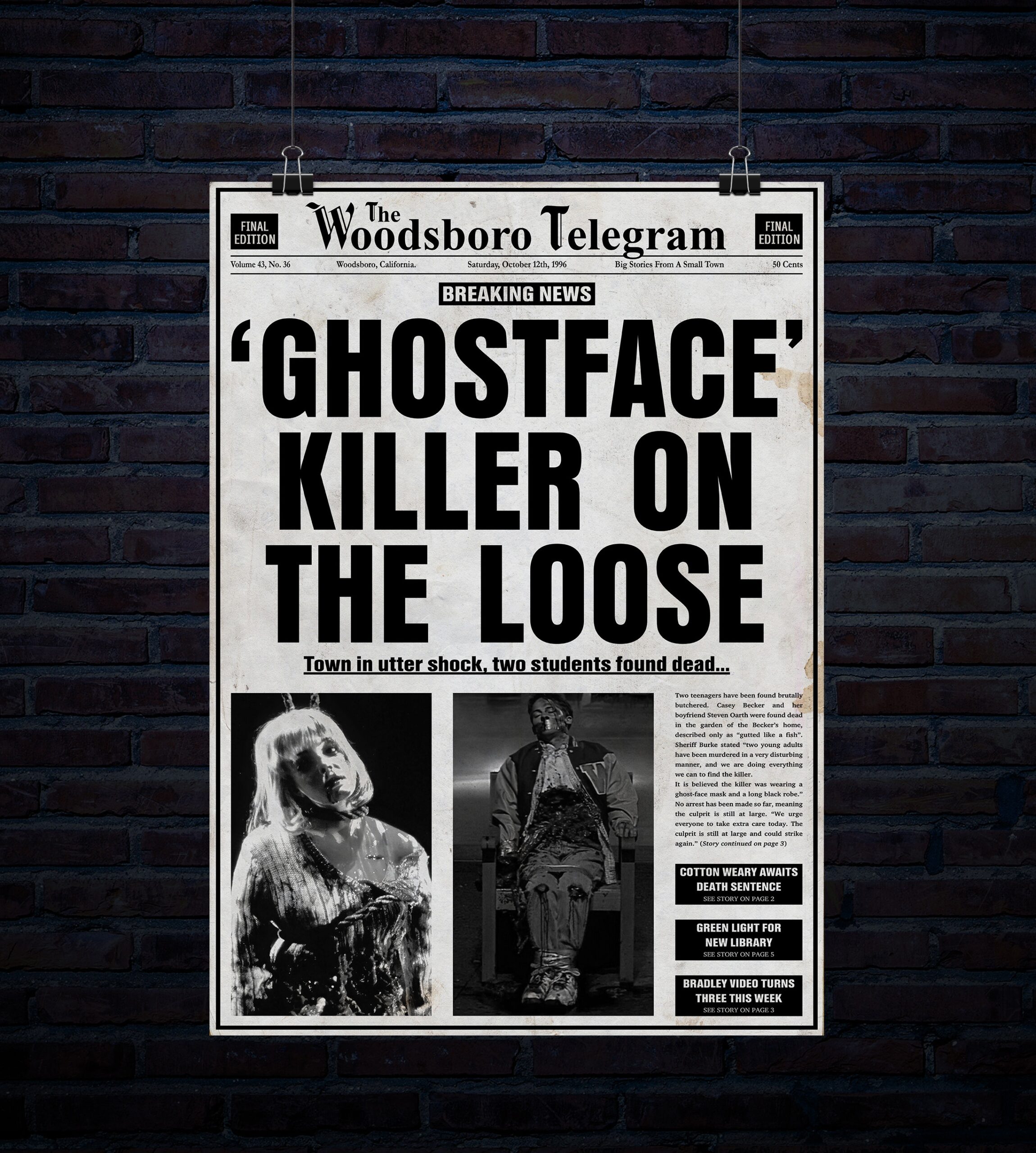 Ghostface Killer On The Loose Newspaper Article 20 Inch X 30 Inch 300dpi Poster Digital Download Etsy