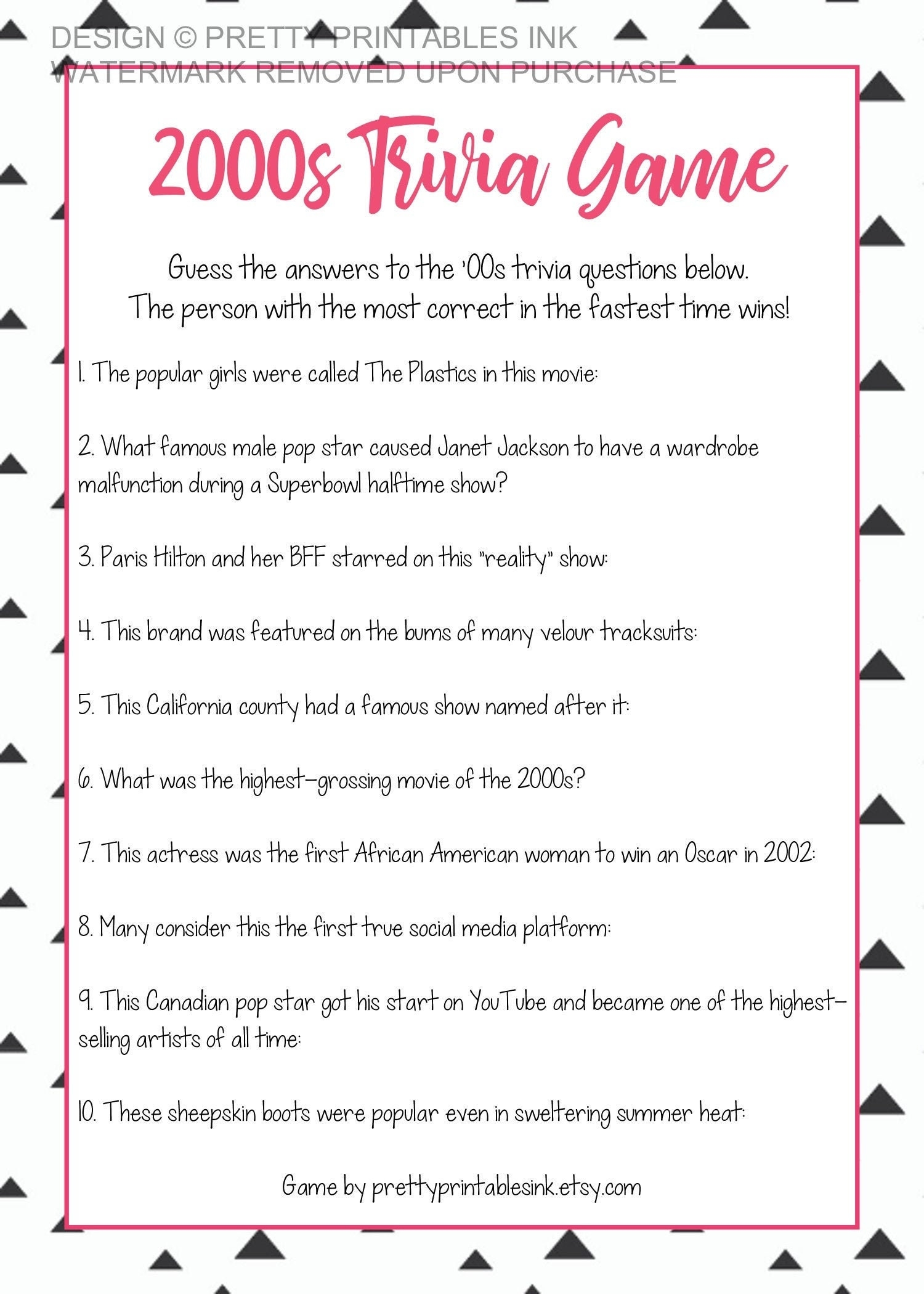 Girls Night Game Girls Night In Game 00s Trivia Game Printable 2000s Trivia Game Birthday Party Game 2000s Game Etsy