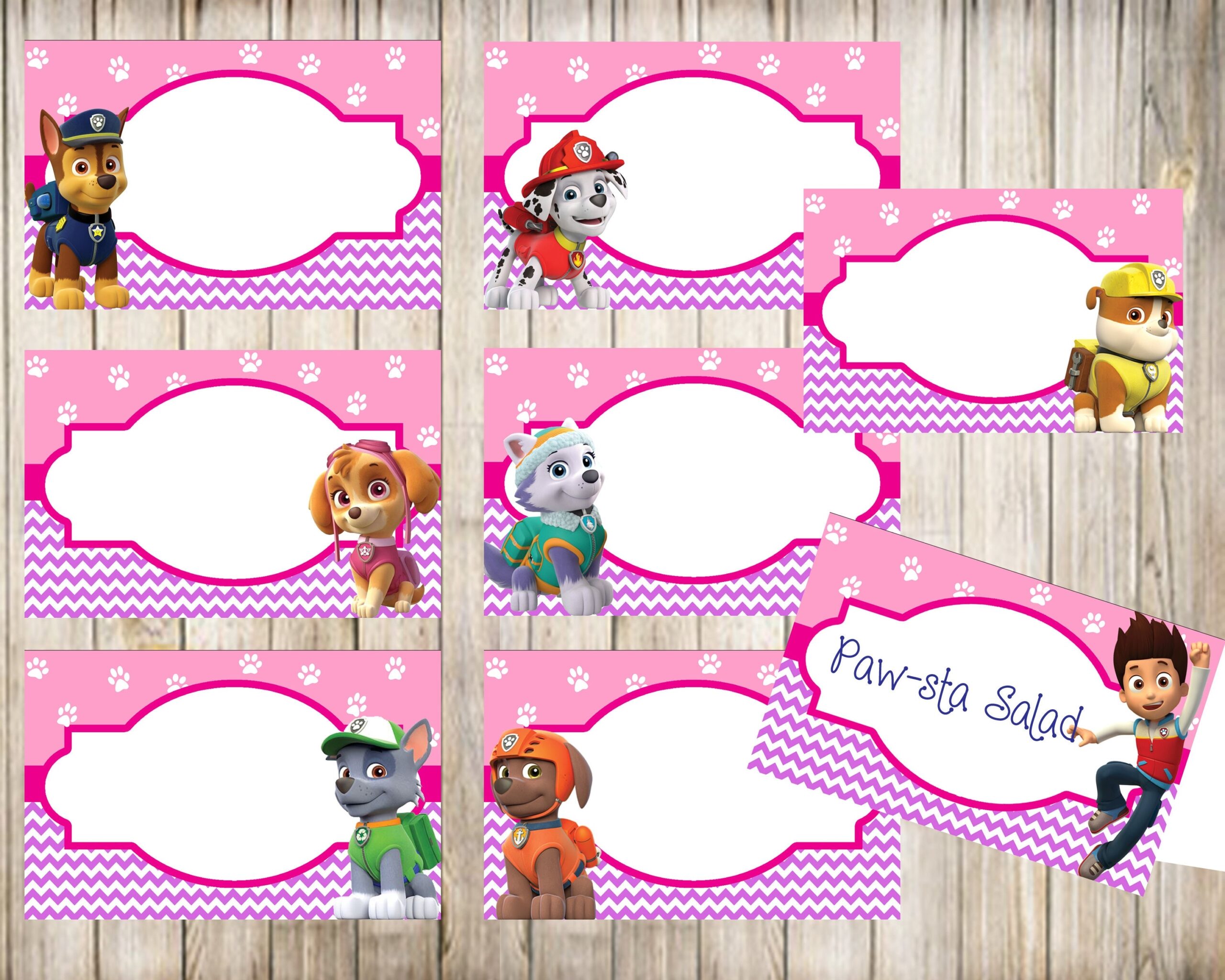 Girls Paw Patrol Blank Food Tent Cards Labels pink purple Blank 