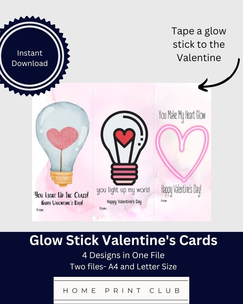 Glow Stick Valentine Cards Classroom Valentine s You Make My Heart Glow Valentine Printable Valentine s Favor Valentine Gift Light Etsy