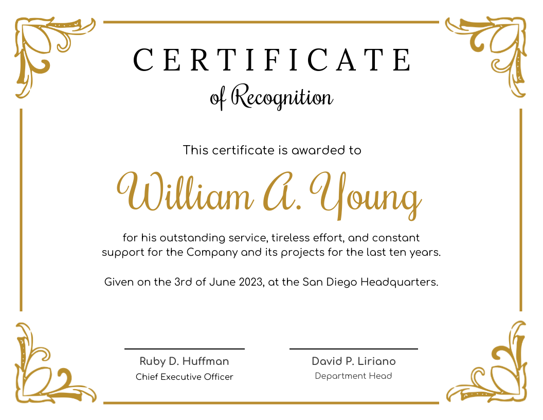 Golden Certificate Of Recognition Template Venngage