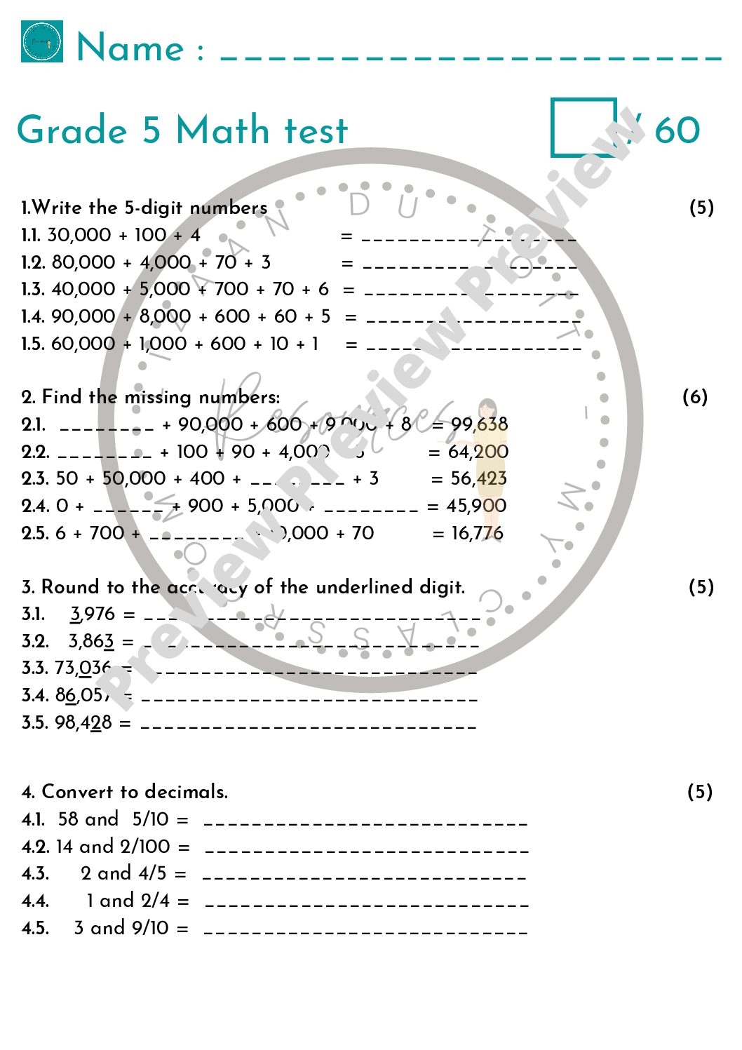 Grade 5 Math Test Teacha Worksheets Library