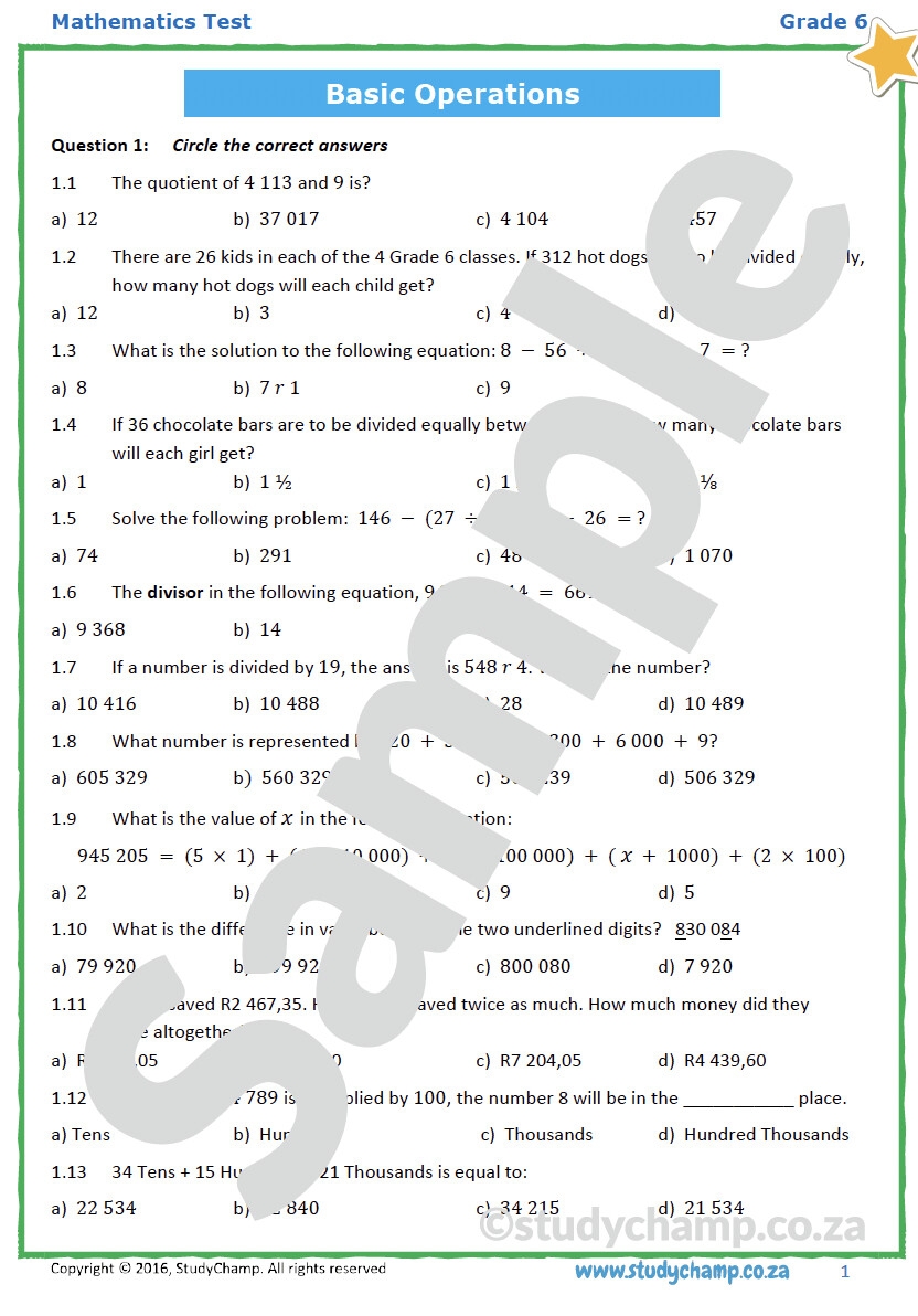 Grade 6 Maths Test Operations