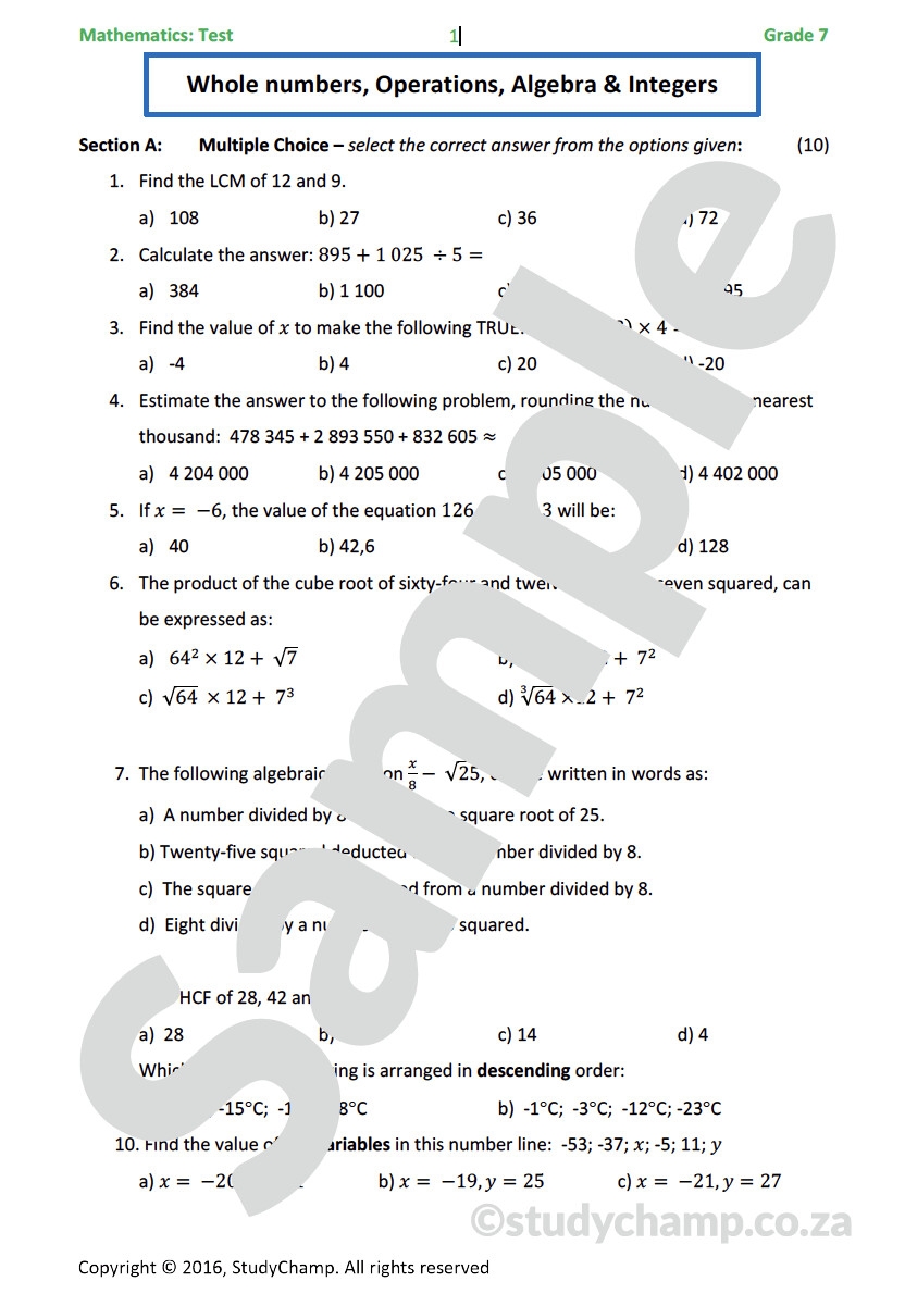 Grade 7 Mathematics Test Operations Integers And Algebra 
