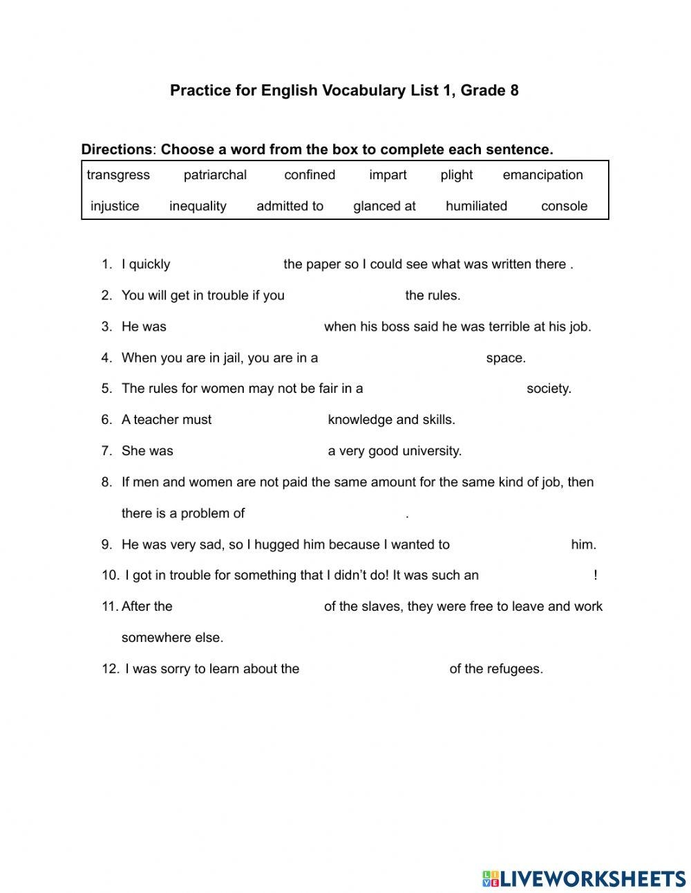 free printable vocabulary worksheets 8th grade