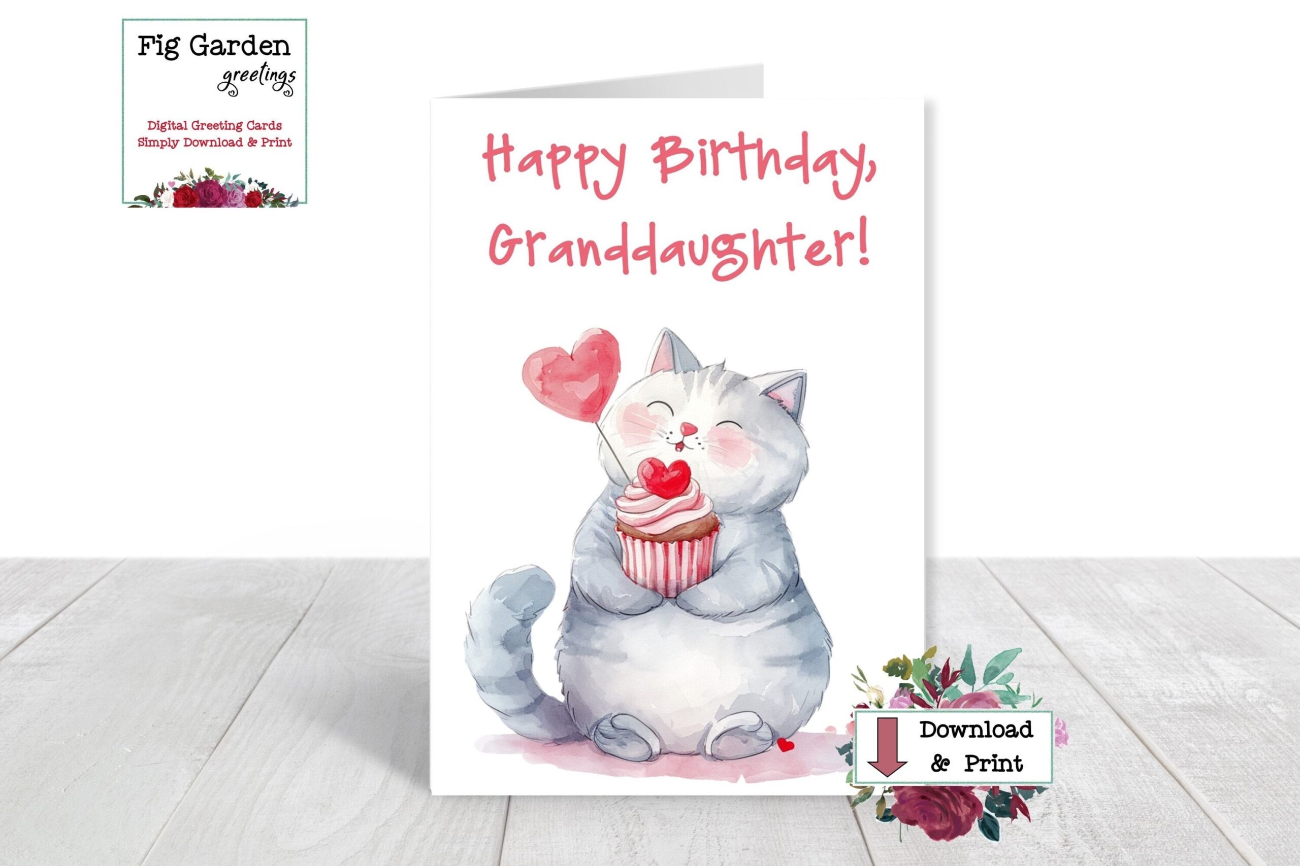 Granddaughter Birthday Card Printable Birthday Card For Grand Daughter DIGITAL Download Card Featuring A Cat Cupcake And Heart Balloon Etsy UK