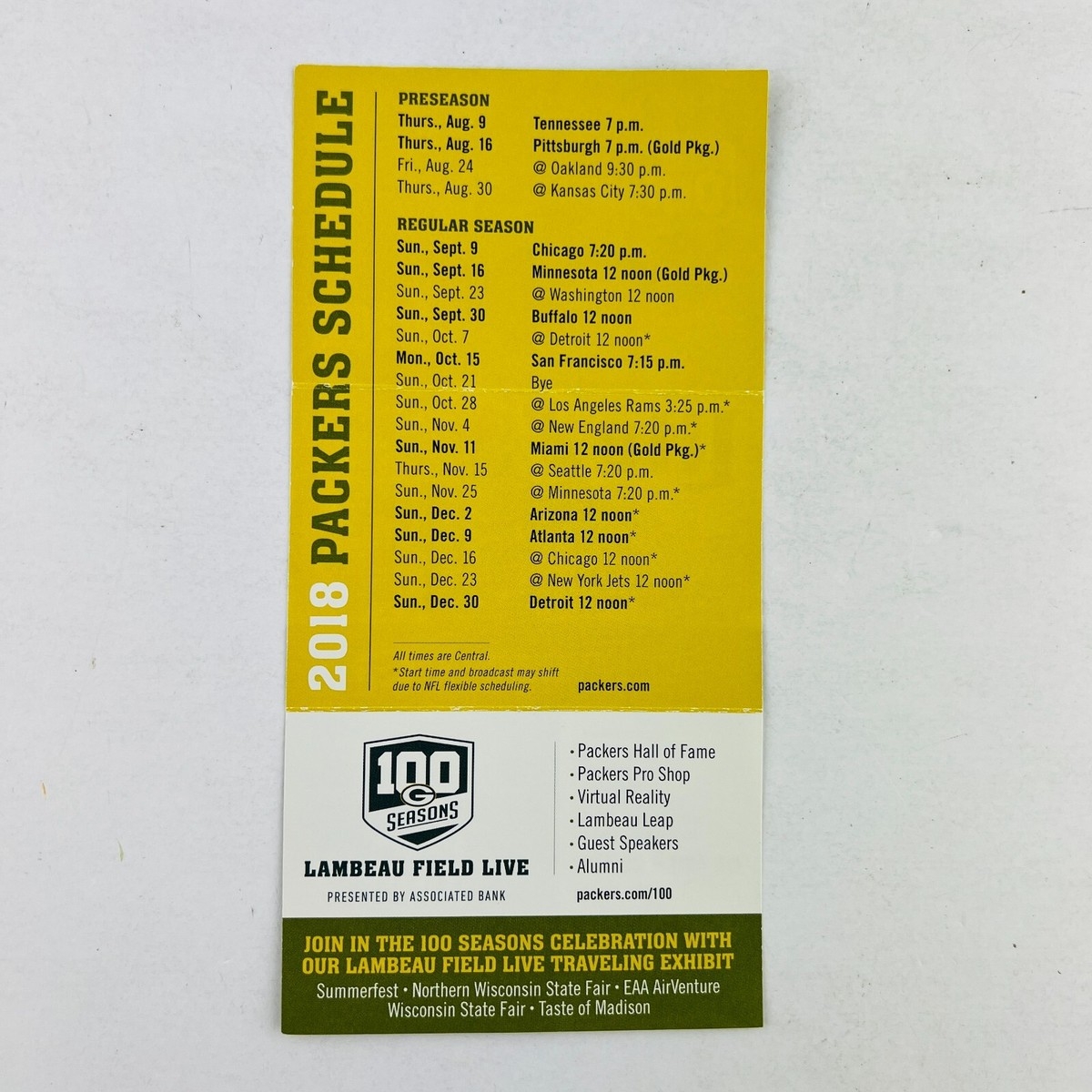 Green Bay Packers 2018 Wallet Schedule