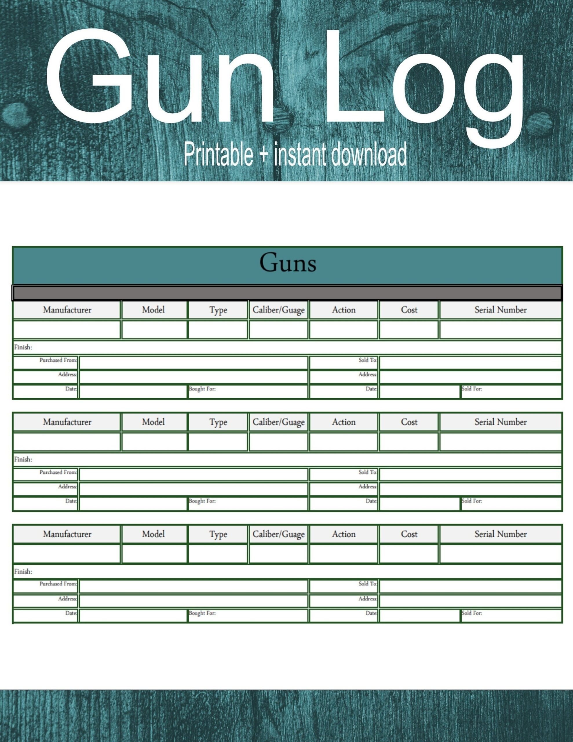 Gun Log Gun Tracker Gun Inventory Etsy