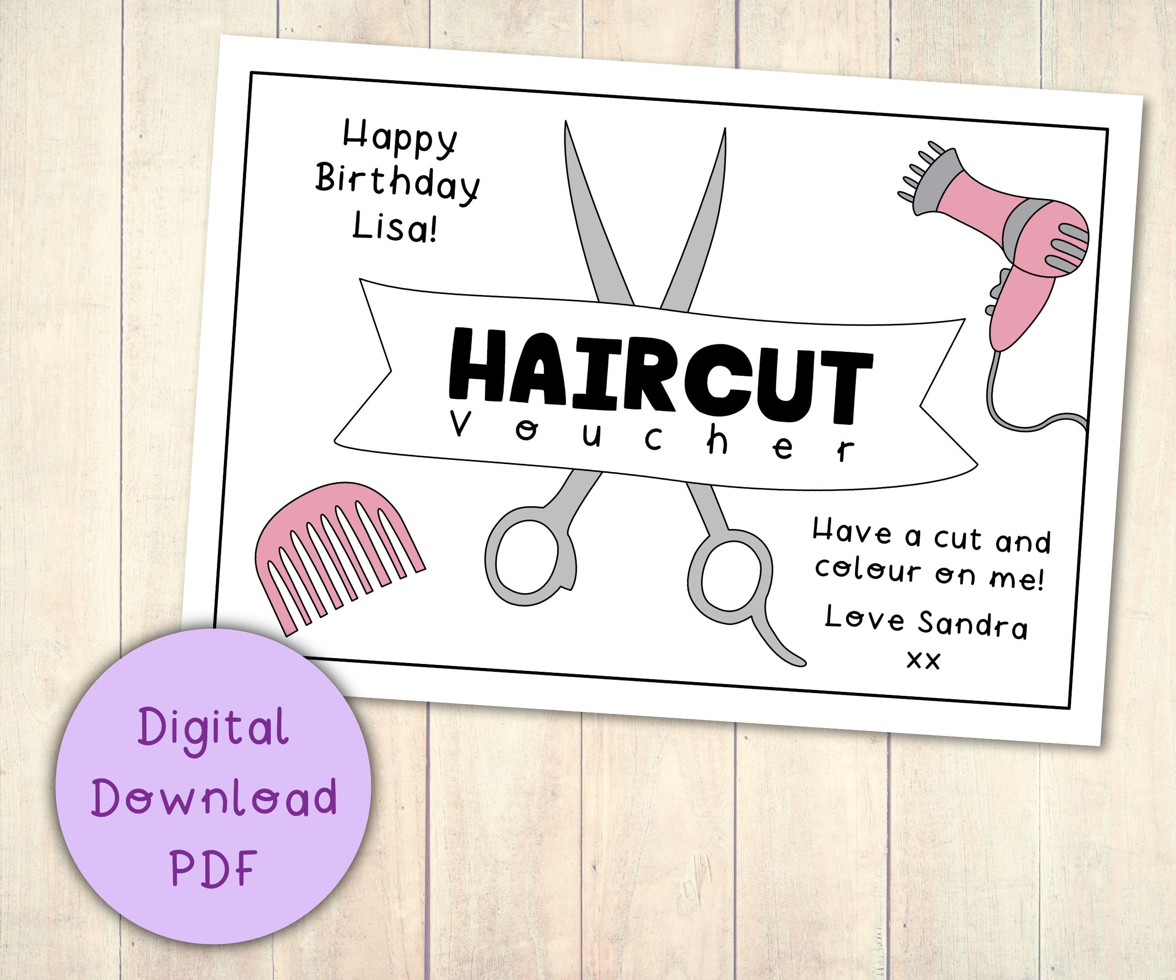 Haircut Gift Voucher Coupon Printable Digital Download PDF Female Last Minute Gift Hairdo Birthday Coupon Etsy Ireland