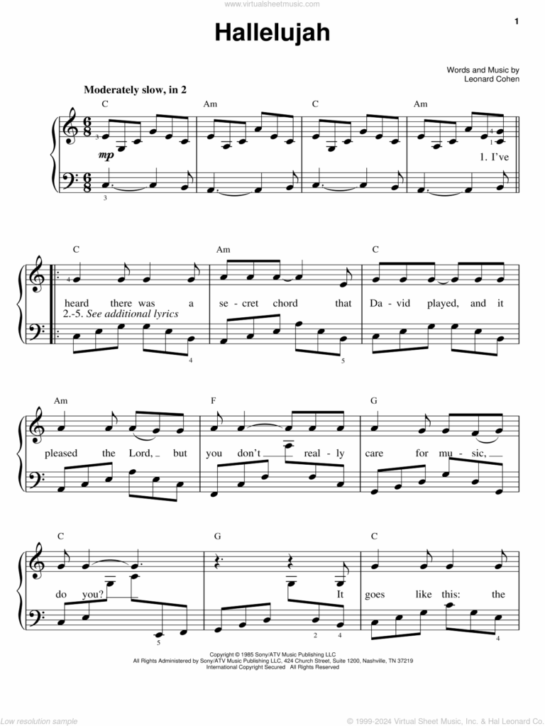 Hallelujah easy Sheet Music For Piano Solo PDF interactive