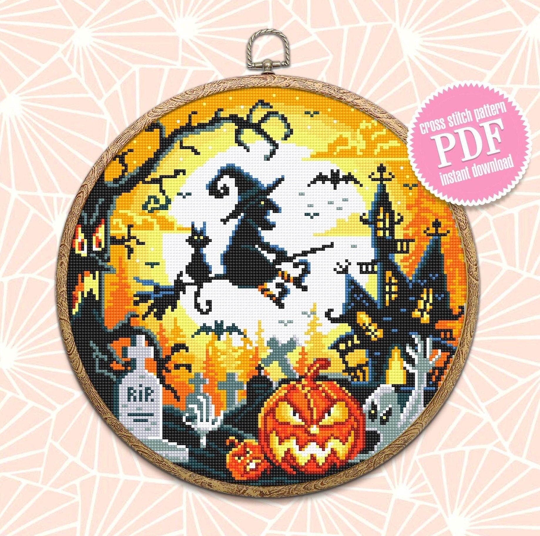 Halloween Cross Stitch Pattern Download PDF Halloween Moon Cross Stitch Chart Spooky Cross Stitch Cute Halloween Witch Magic Embroidery H26 Etsy Australia