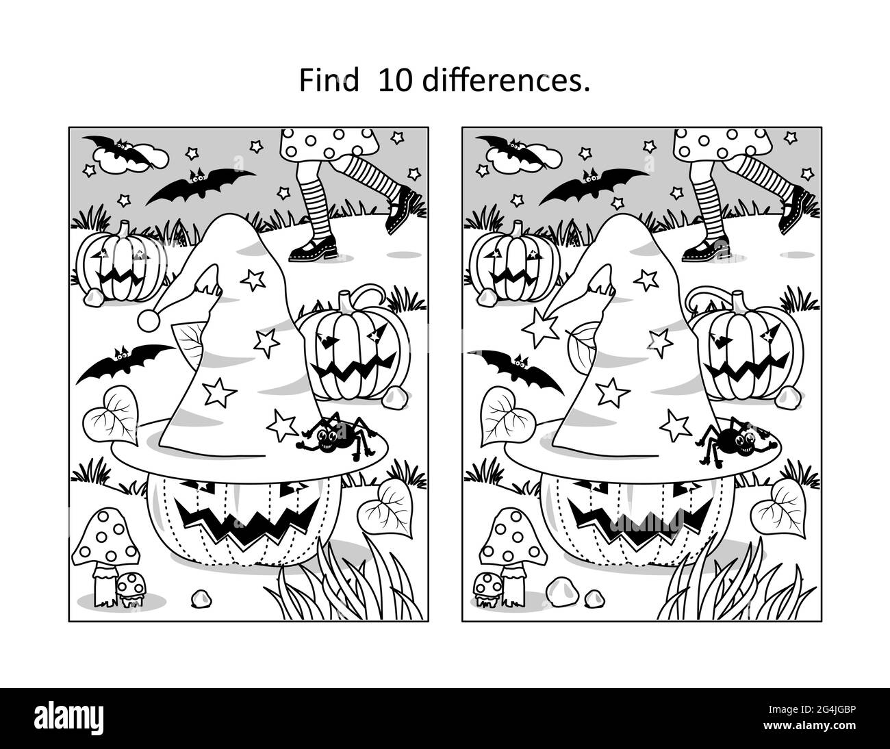 Halloween Find 10 Differences Visual Puzzle And Coloring Page With Little Witch Chasing Her Hat Pumpkins Bats Spider Stock Vector Image U0026 Art Alamy