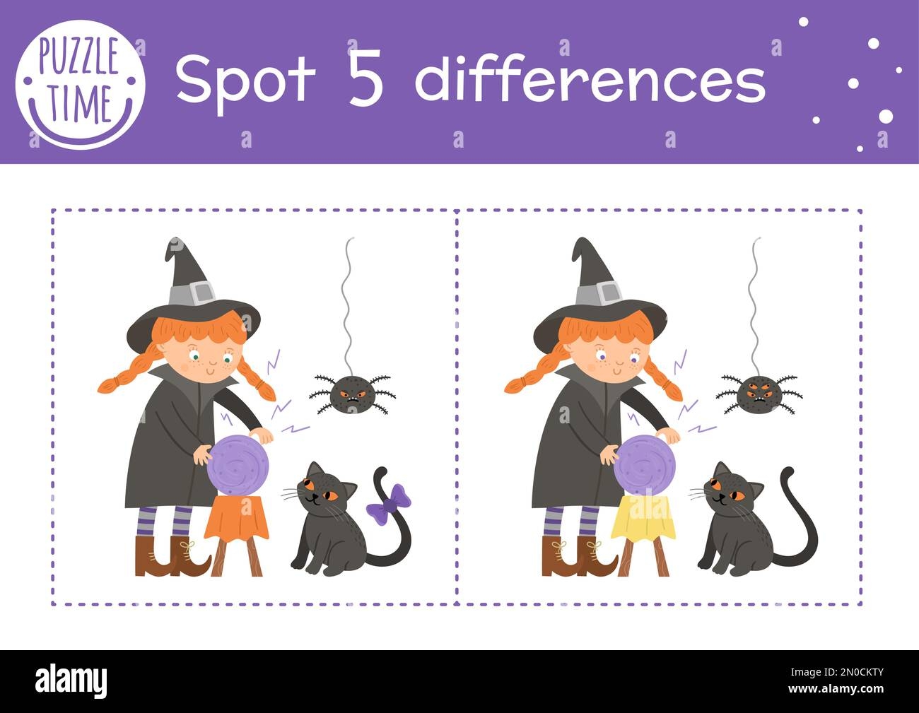 Halloween Find Differences Game For Children Autumn Educational Activity With Funny Witch Spider And Black Cat Printable Worksheet With Smiling Cha Stock Vector Image U0026 Art Alamy