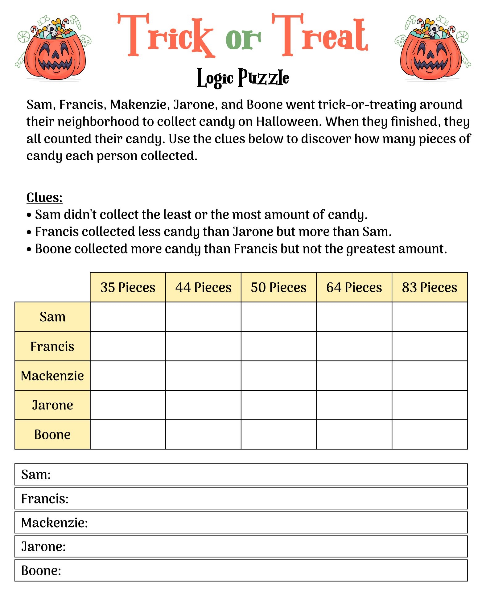 Halloween Logic Puzzles Printable U0026 Digital Free TPT 