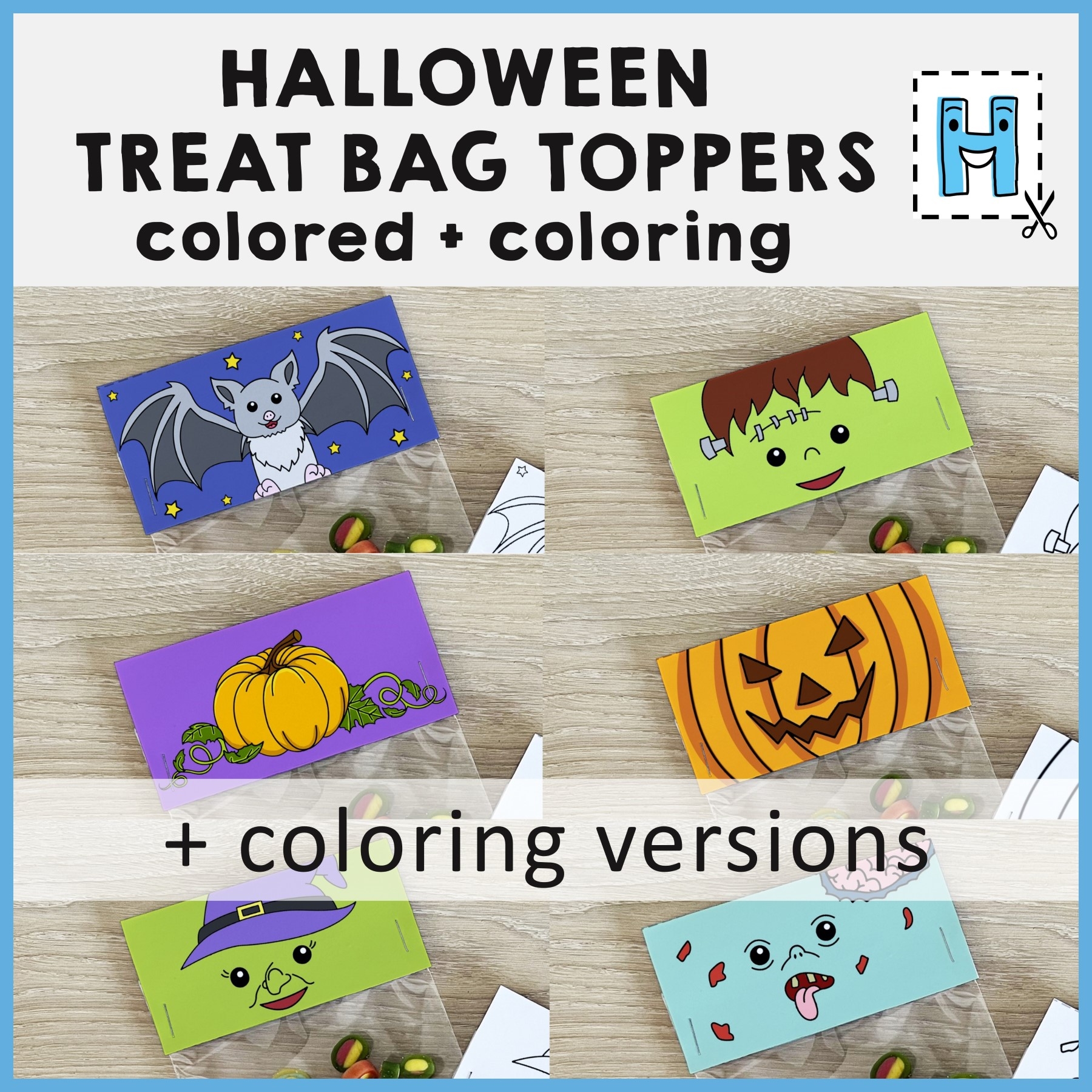 Halloween Treat Bag Topper Printable Coloring Activity Craft Decor Bat Witch Pumpkin