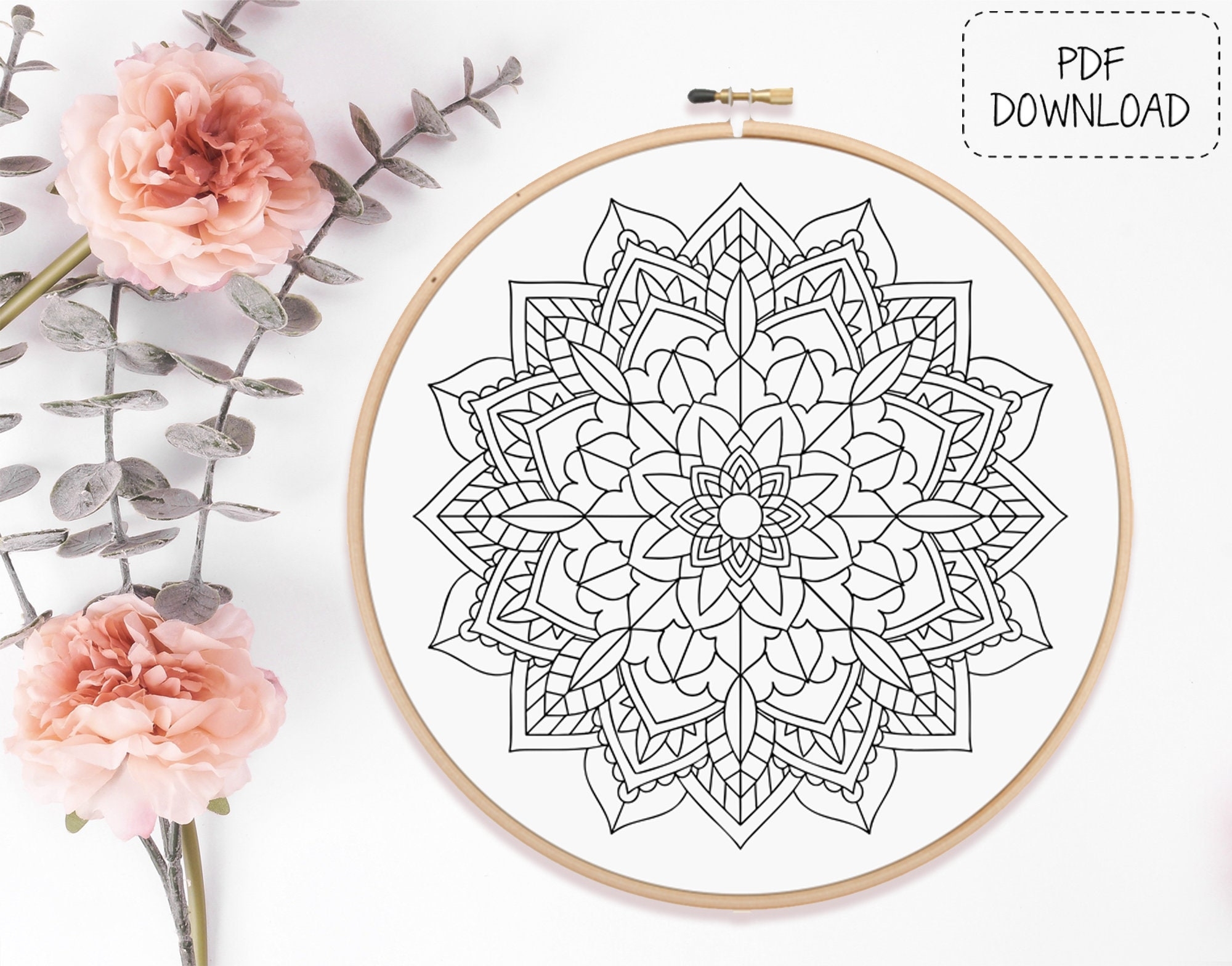 Hand Embroidery Pattern PDF Download mandala 6 printable Hoop Design Line Art Style Etsy