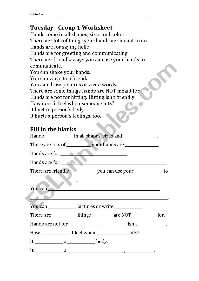 Hands Are Not For Hitting pdf Kingston Literacy U0026amp Skills 