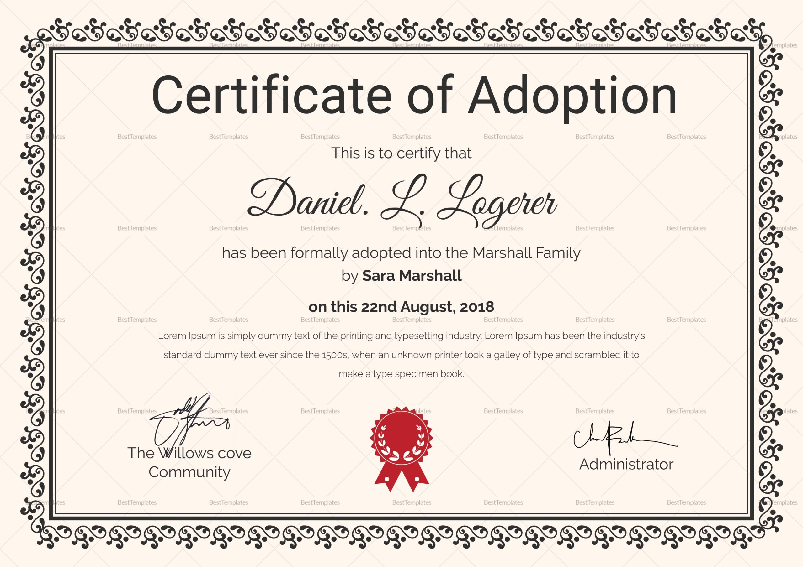 Happy Adoption Certificate Design Template In PSD Word