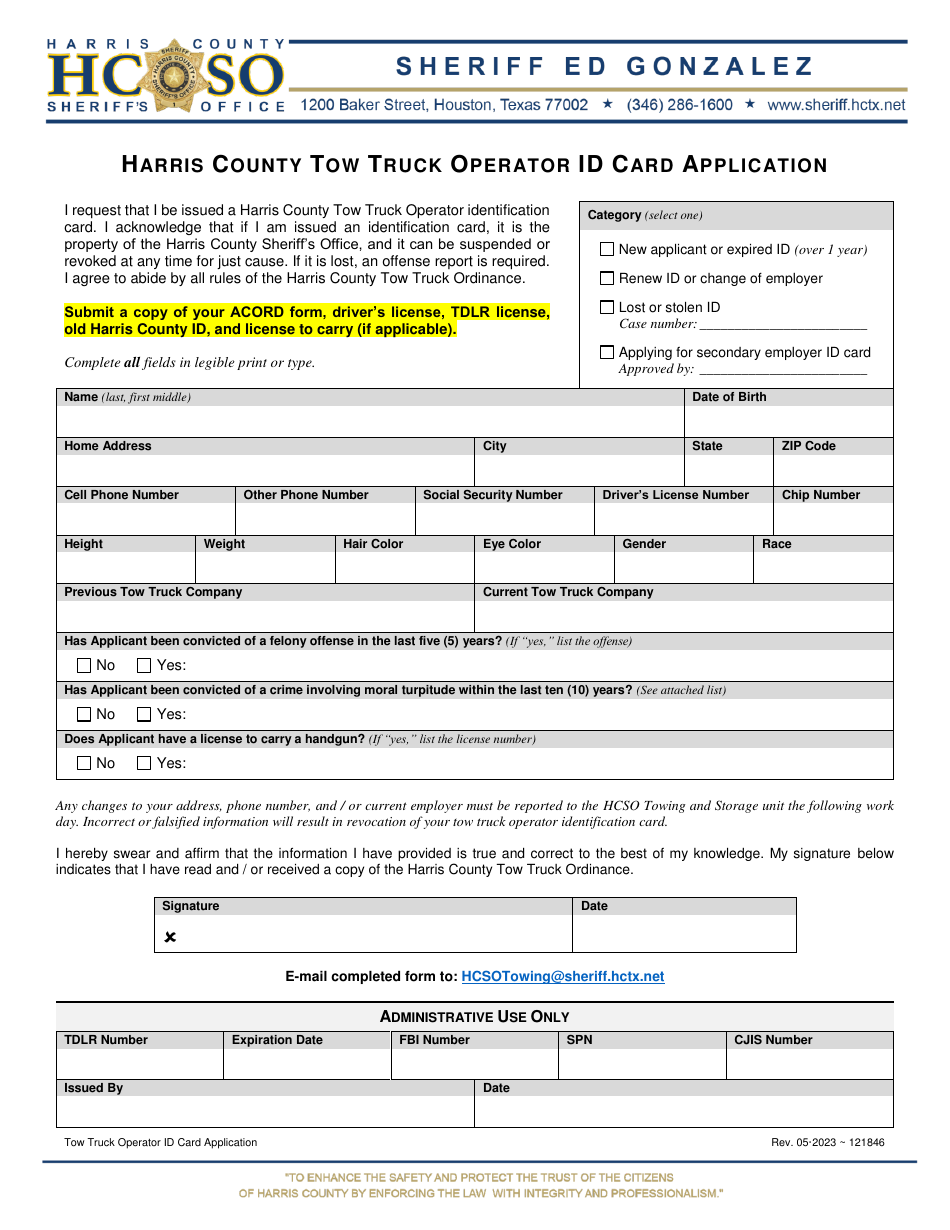 Harris County Texas Tow Truck Operator Id Card Application Download Fillable PDF Templateroller