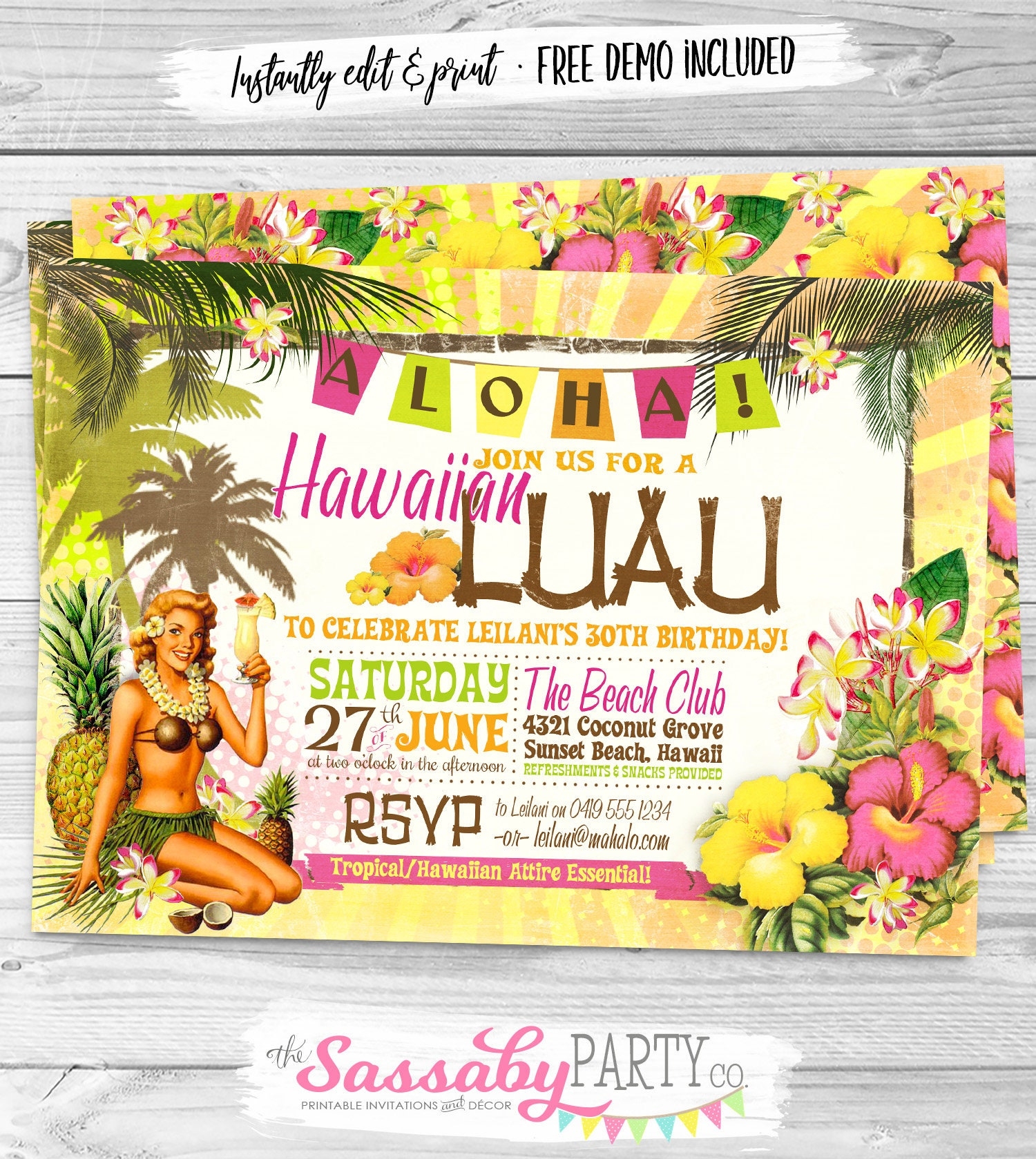 Hawaiian Luau Party Invitation INSTANT DOWNLOAD Edit U0026 Print Yourself Beach Tropical Summer Invite BBQ Birthday Pool Hawaii Surf Etsy