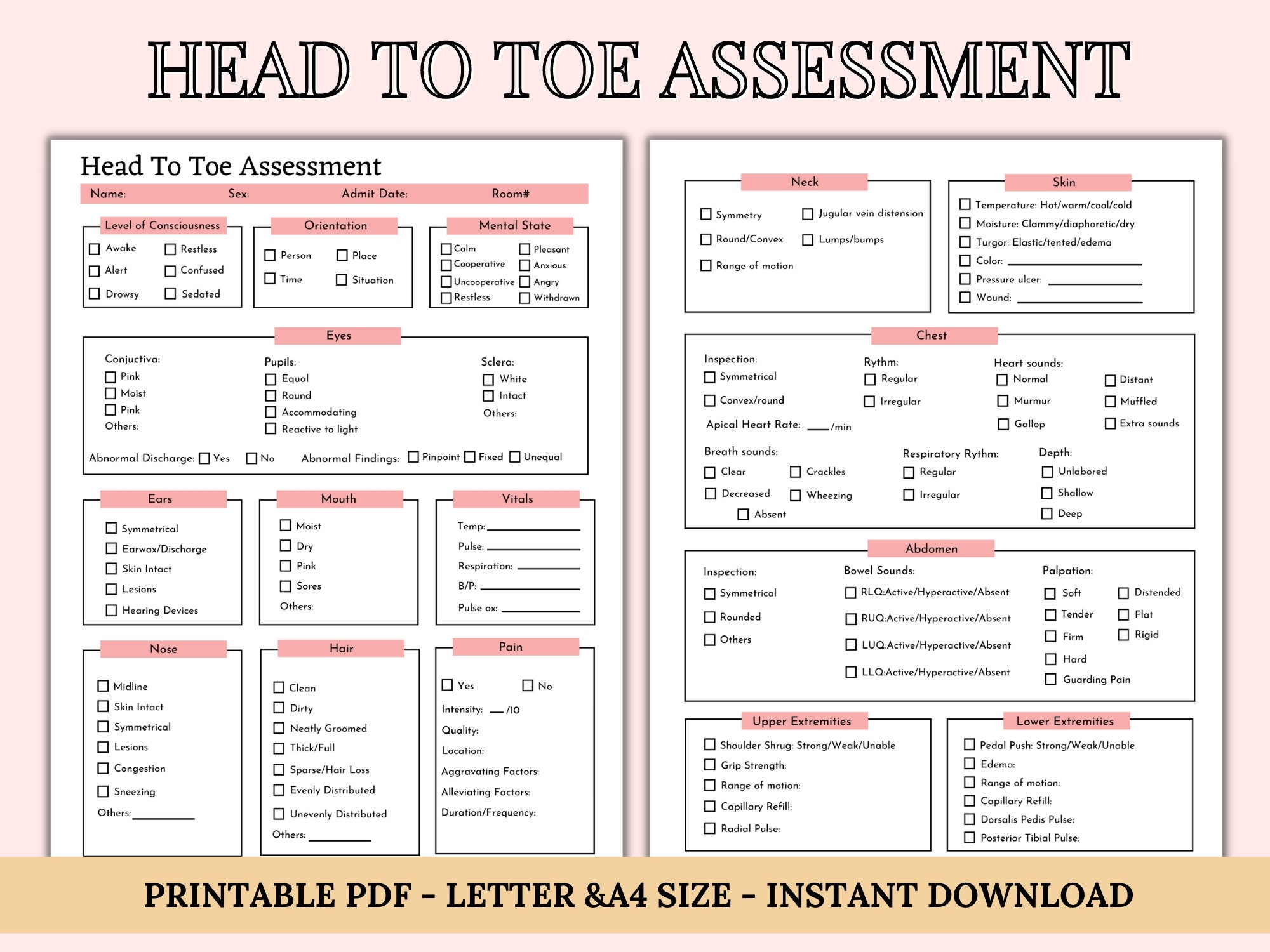 Head To Toe Assessment Template Nursing Checklist Nursing Student Notes Patient Assessment Template Health Assessment Class Etsy New Zealand