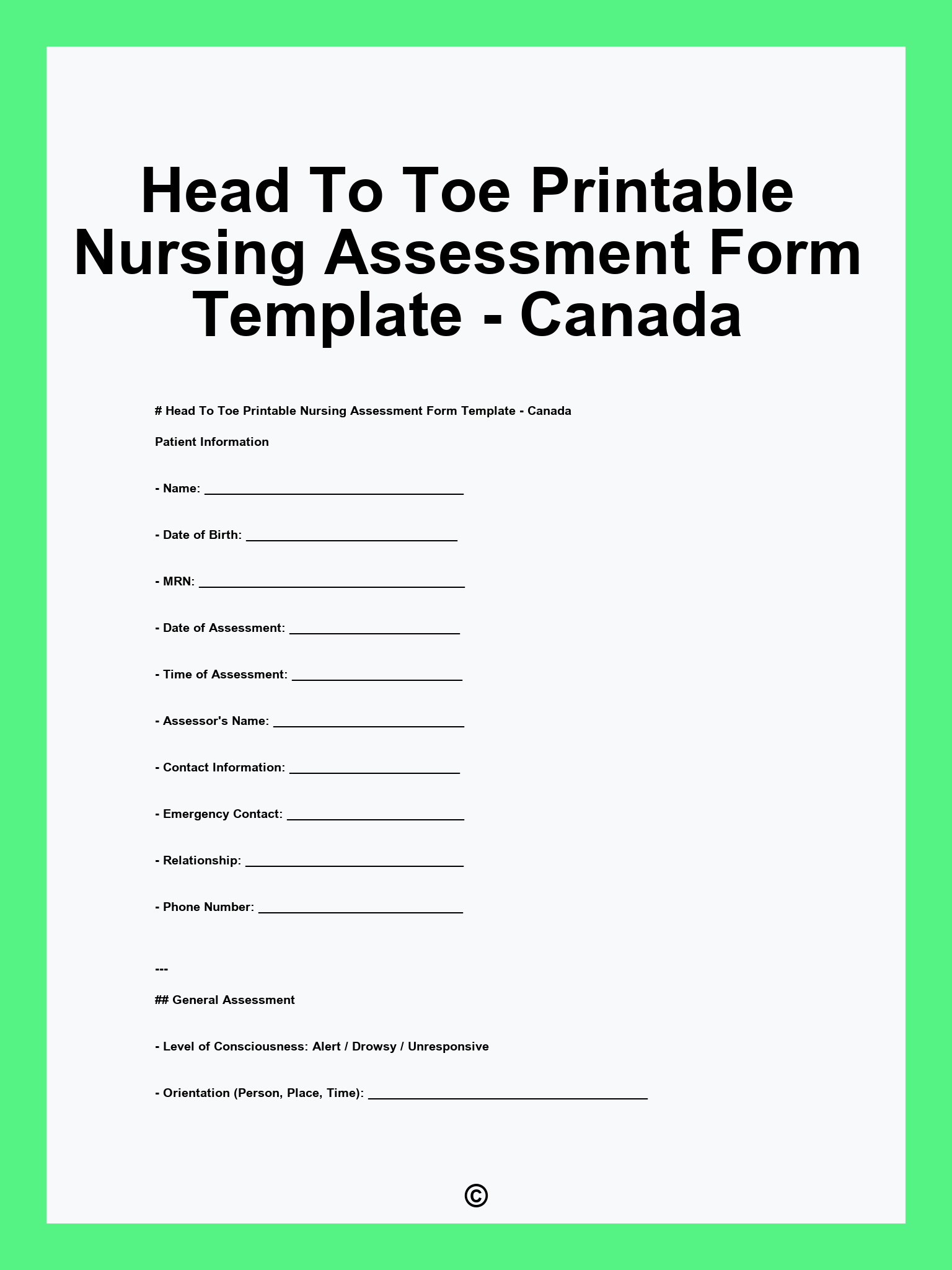 Head To Toe Printable Nursing Assessment Form Template Canada