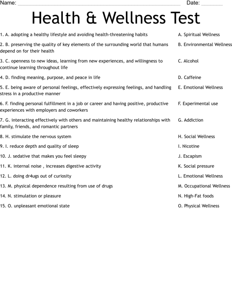 Health U0026 Wellness Test Worksheet WordMint