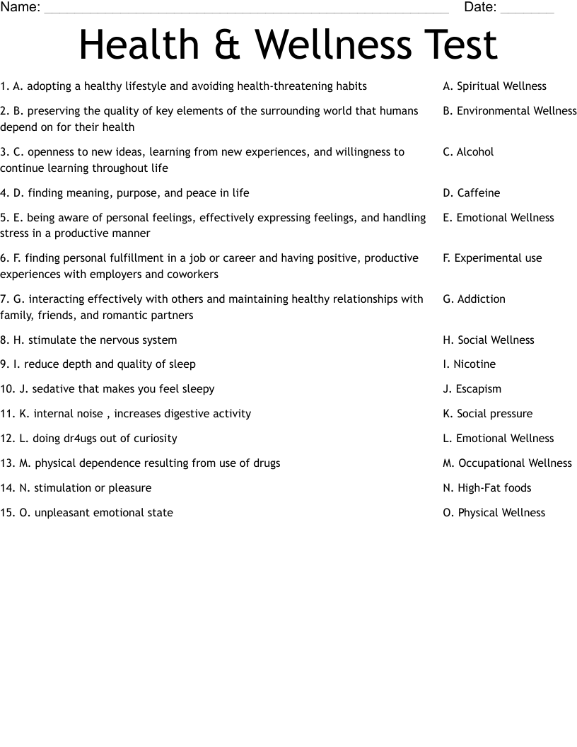 Health U0026 Wellness Test Worksheet WordMint