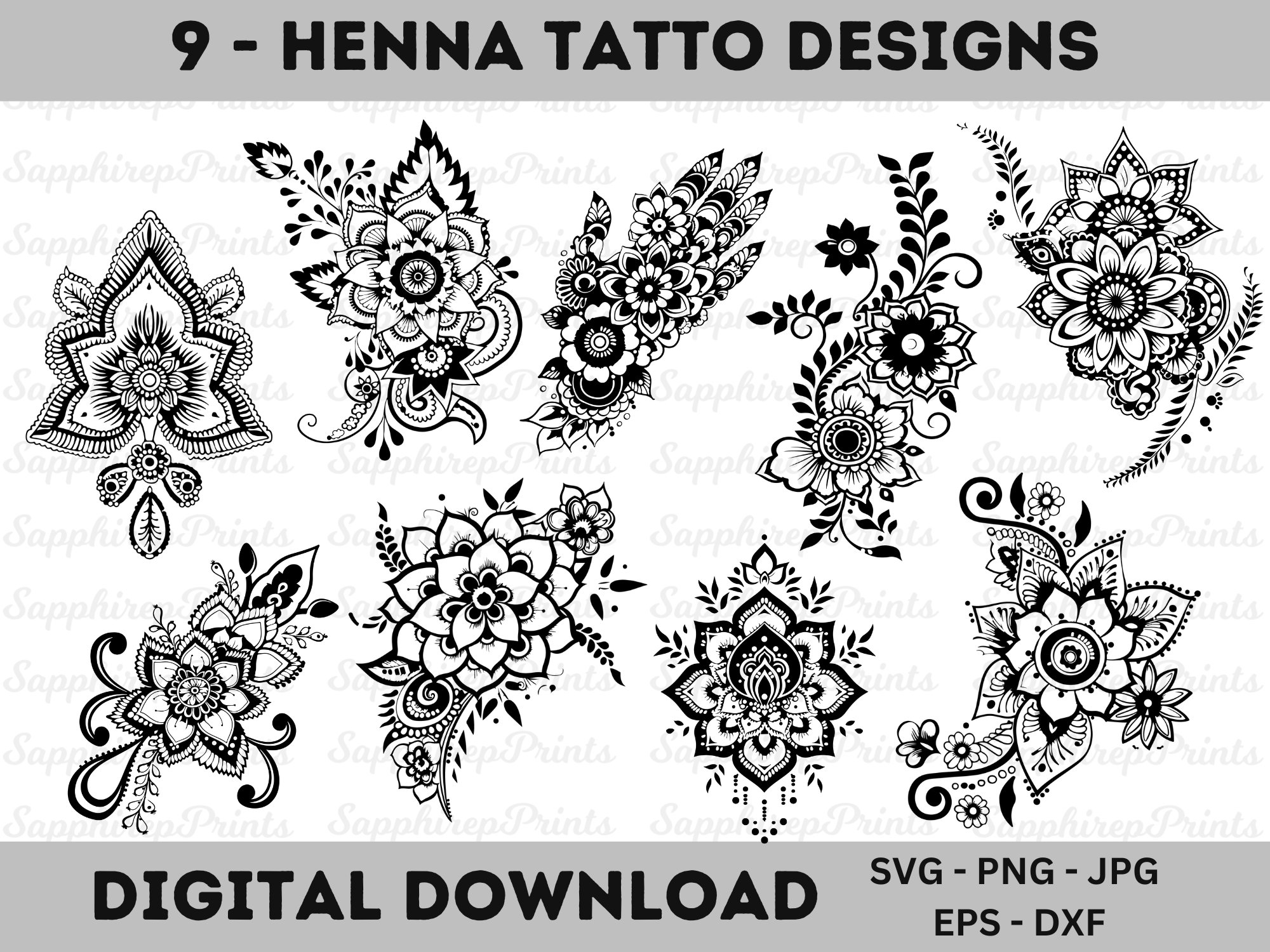 Henna Tattoo Designs Mehndi Design In Black Svg Png Mehndi Svg File Henna Drawing Clipart Floral Templates Henna Flower Digital Design Etsy UK