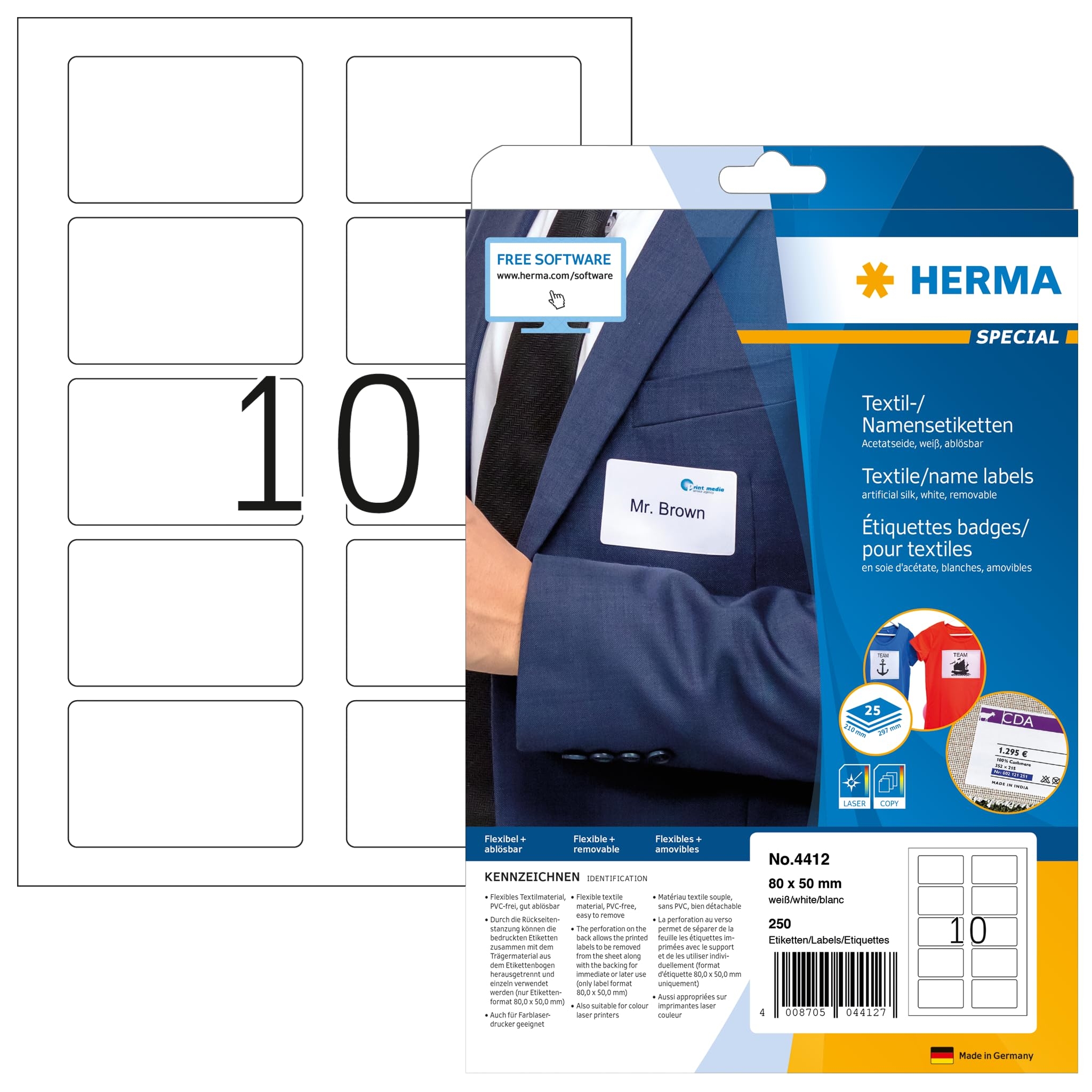 HERMA Self Adhesive Clothing Labels 10 Labels Per A4 Sheet 25 Sheets 80 X 50 Mm 
