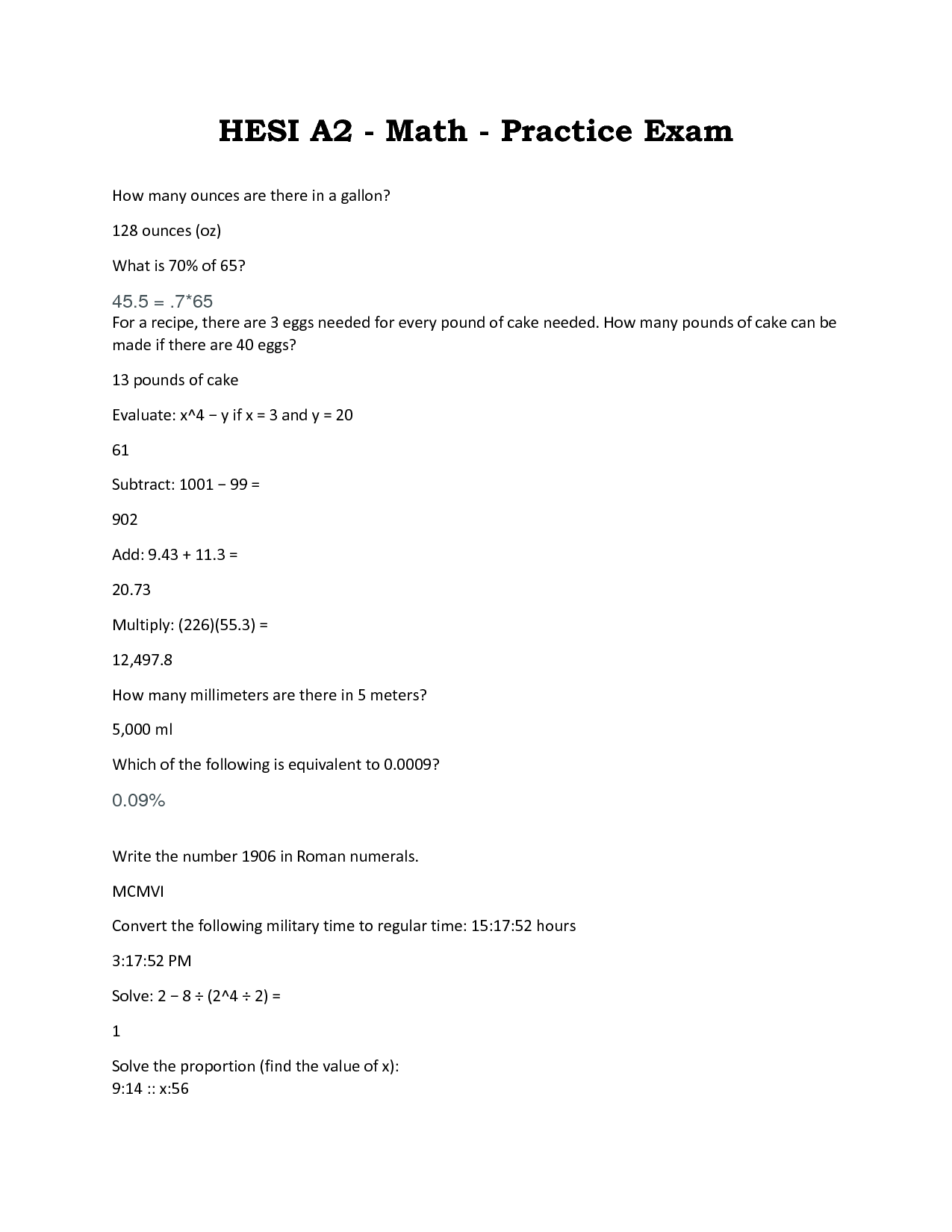 Hesi math questions with answers all correct Study Guid 