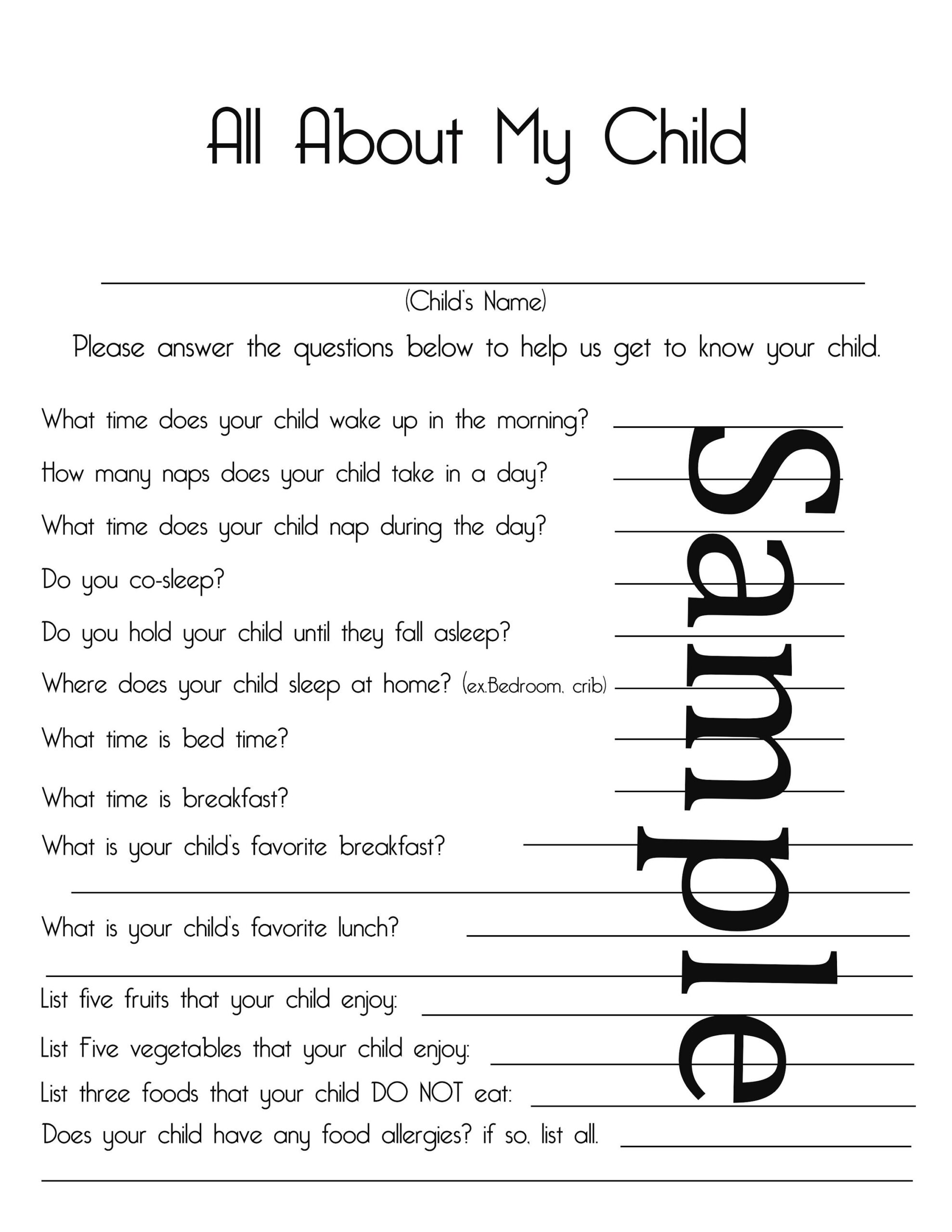 Home Daycare New Enrollment Forms All About My Child Printable Record Childcare Printable Form Childcare Icebreaker