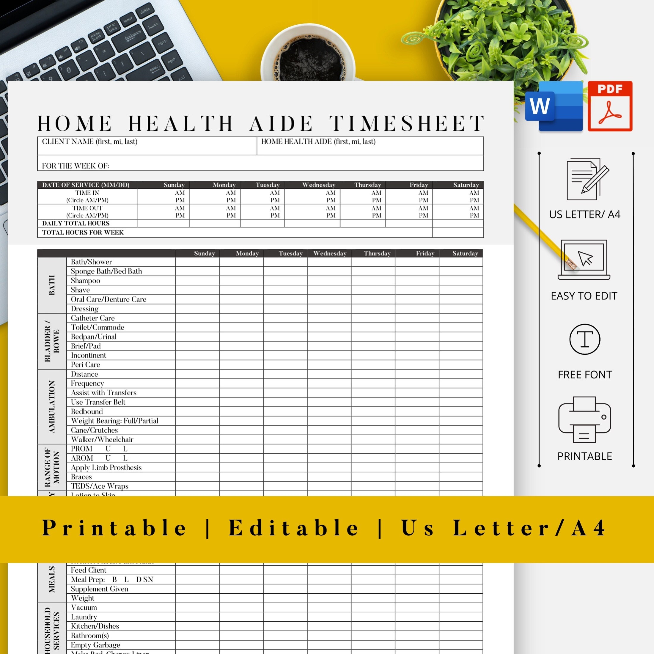 Home Health Aide Timesheet Templates In home U0026 Caregiver Timesheets Printable Editable word File Etsy