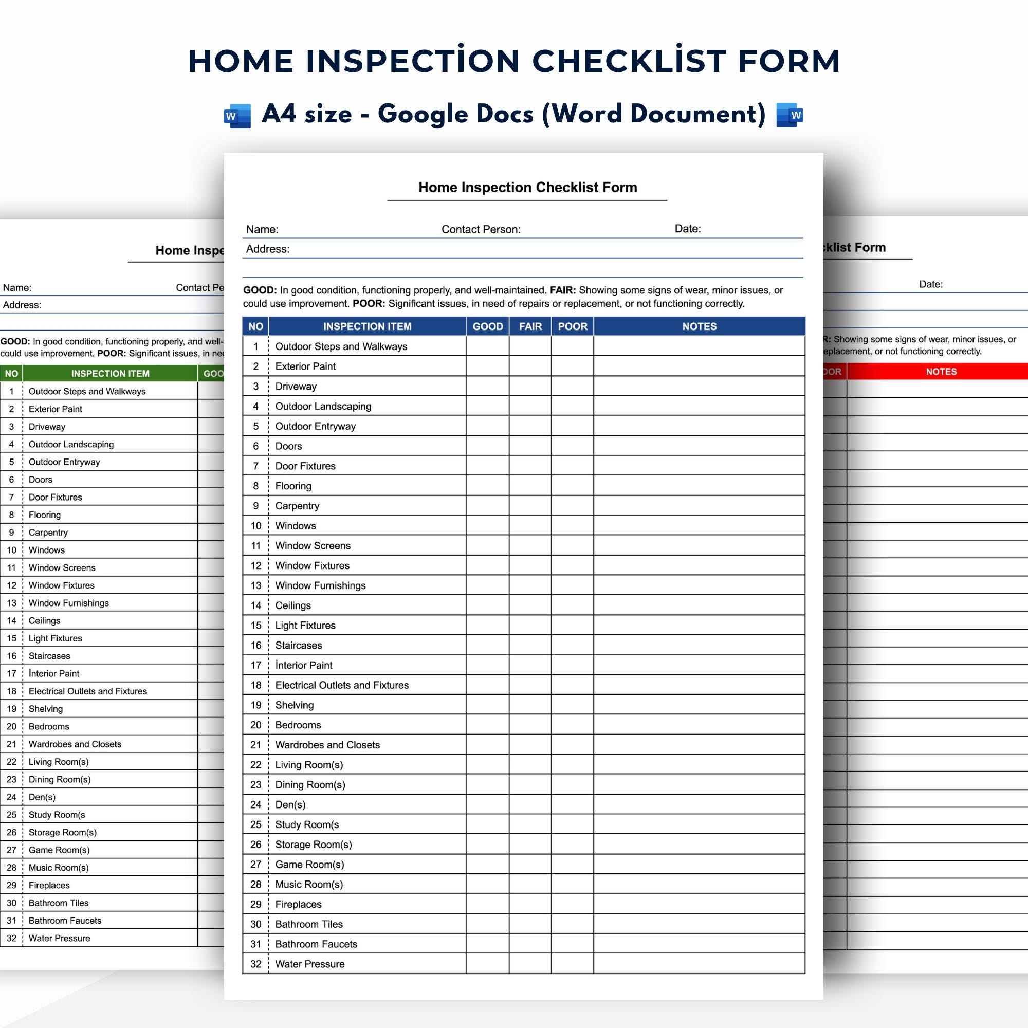 Home Inspection Checklist Template Editable Google Docs word Document Etsy