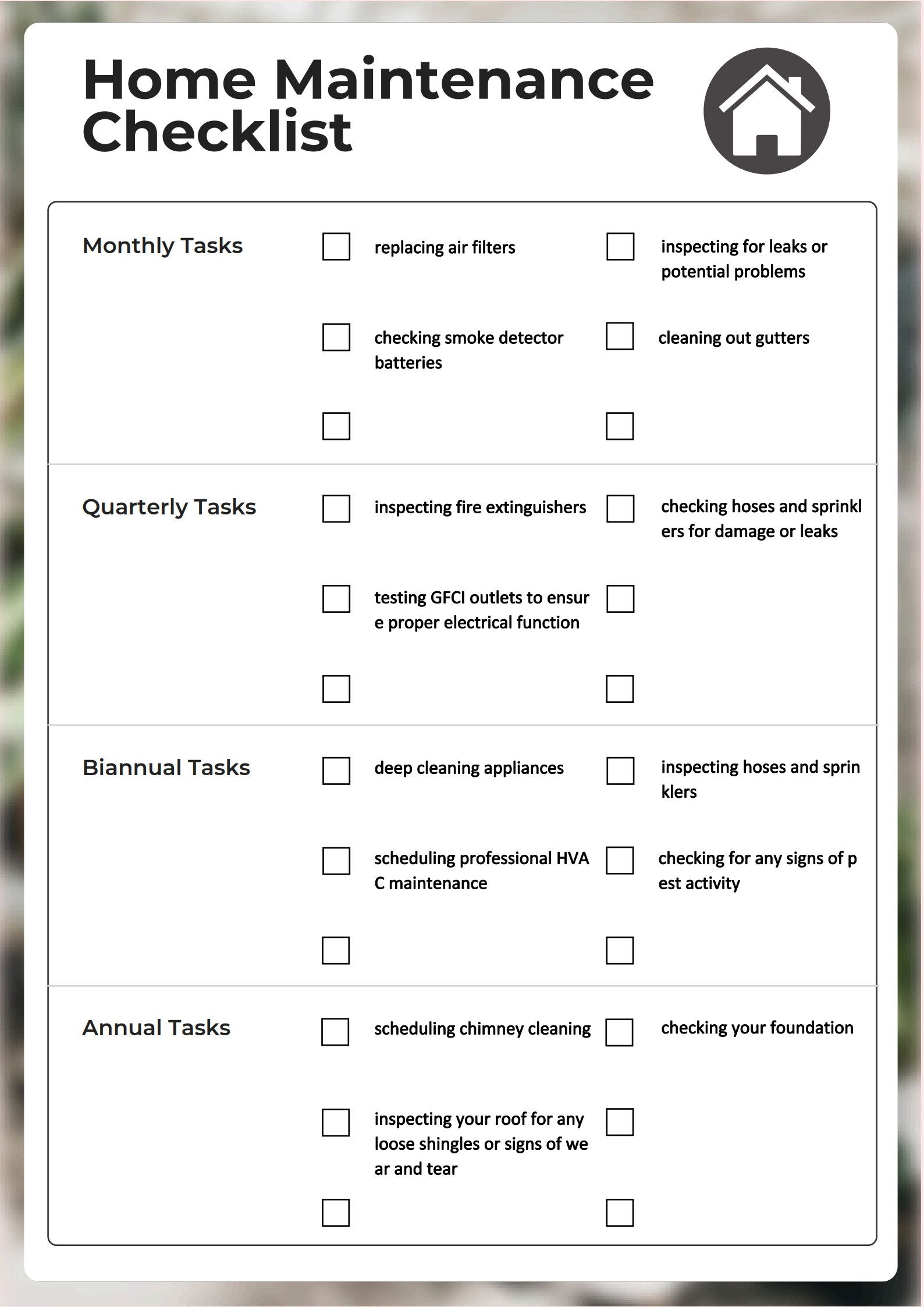 Home Maintenance Checklist Template PDF Agile