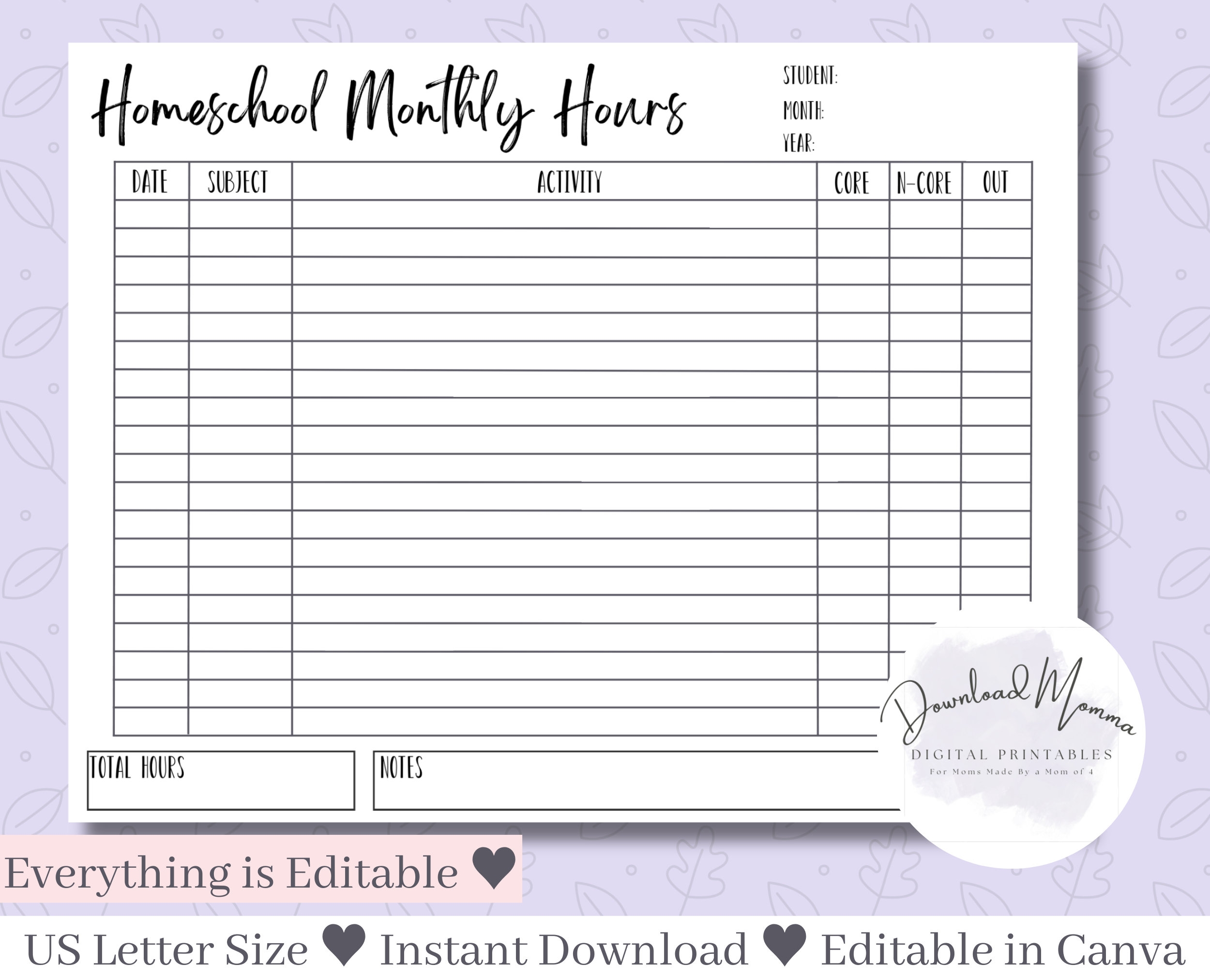 Homeschool Monthly Hours Log Printable Homeschool Log Template Homeschool Hours Tracker Download Homeschool Schedule Binder Planner Etsy
