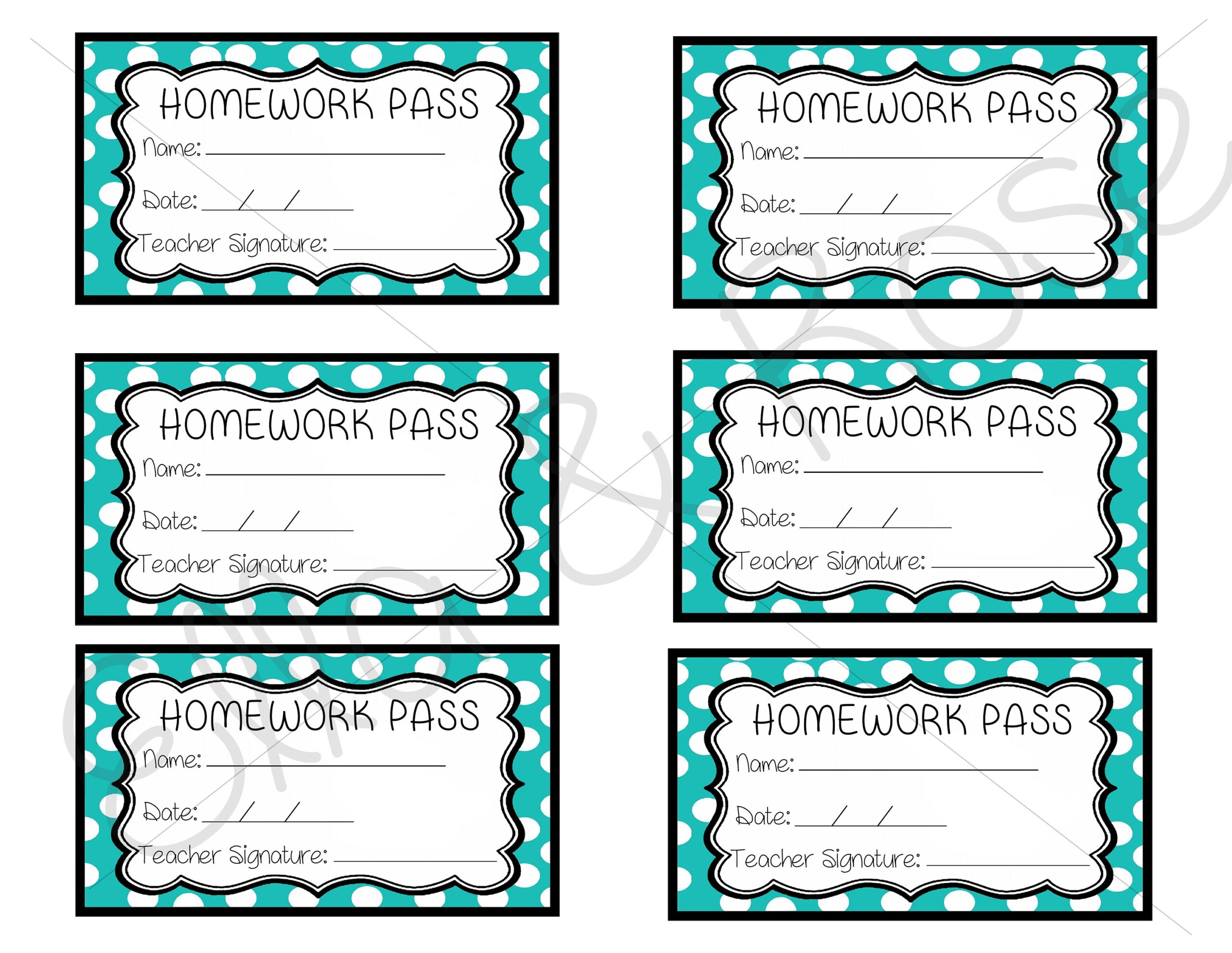 Homework Pass Template Digital Download Sheet Of 6 